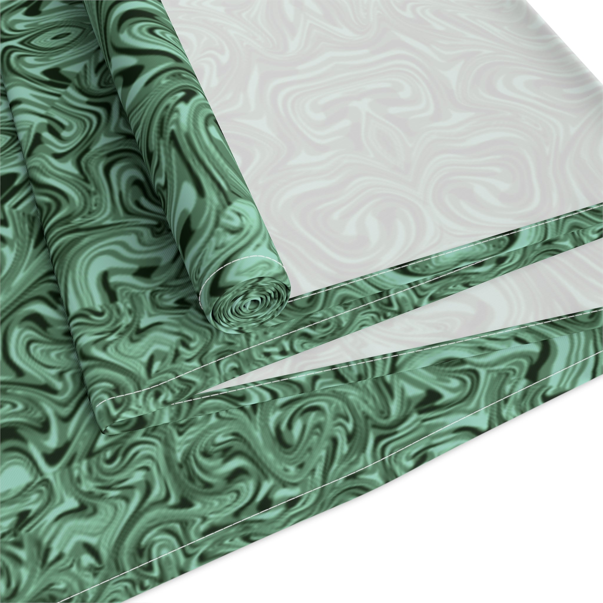 Emerald Marble Table Runner — Green Swirl Cotton-Poly Dining Decor