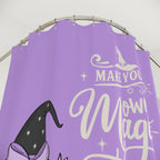 Wicked Cute Witch Cat Shower Curtain — "Make Your Own Magic" Purple Halloween Decor