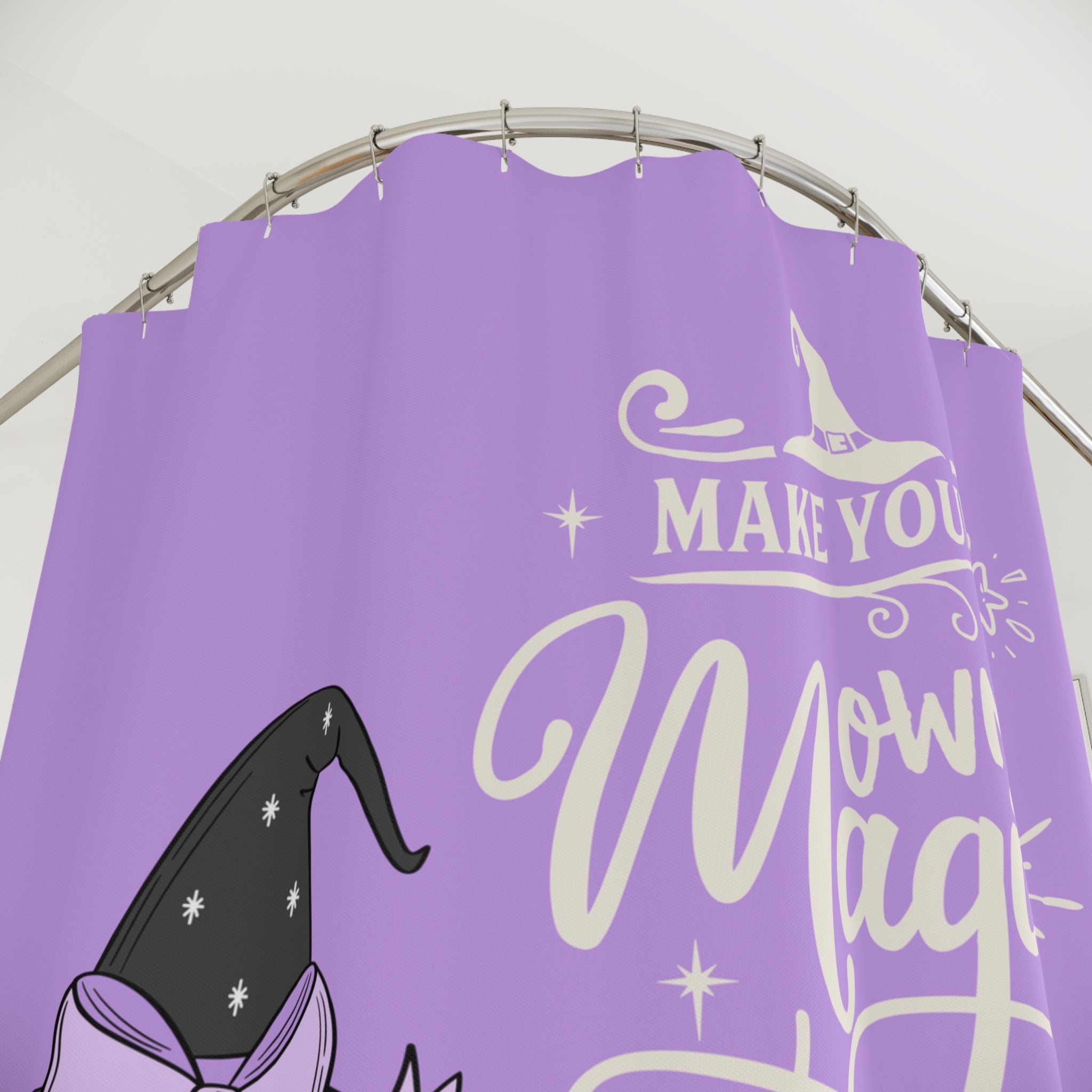 Wicked Cute Witch Cat Shower Curtain — "Make Your Own Magic" Purple Halloween Decor