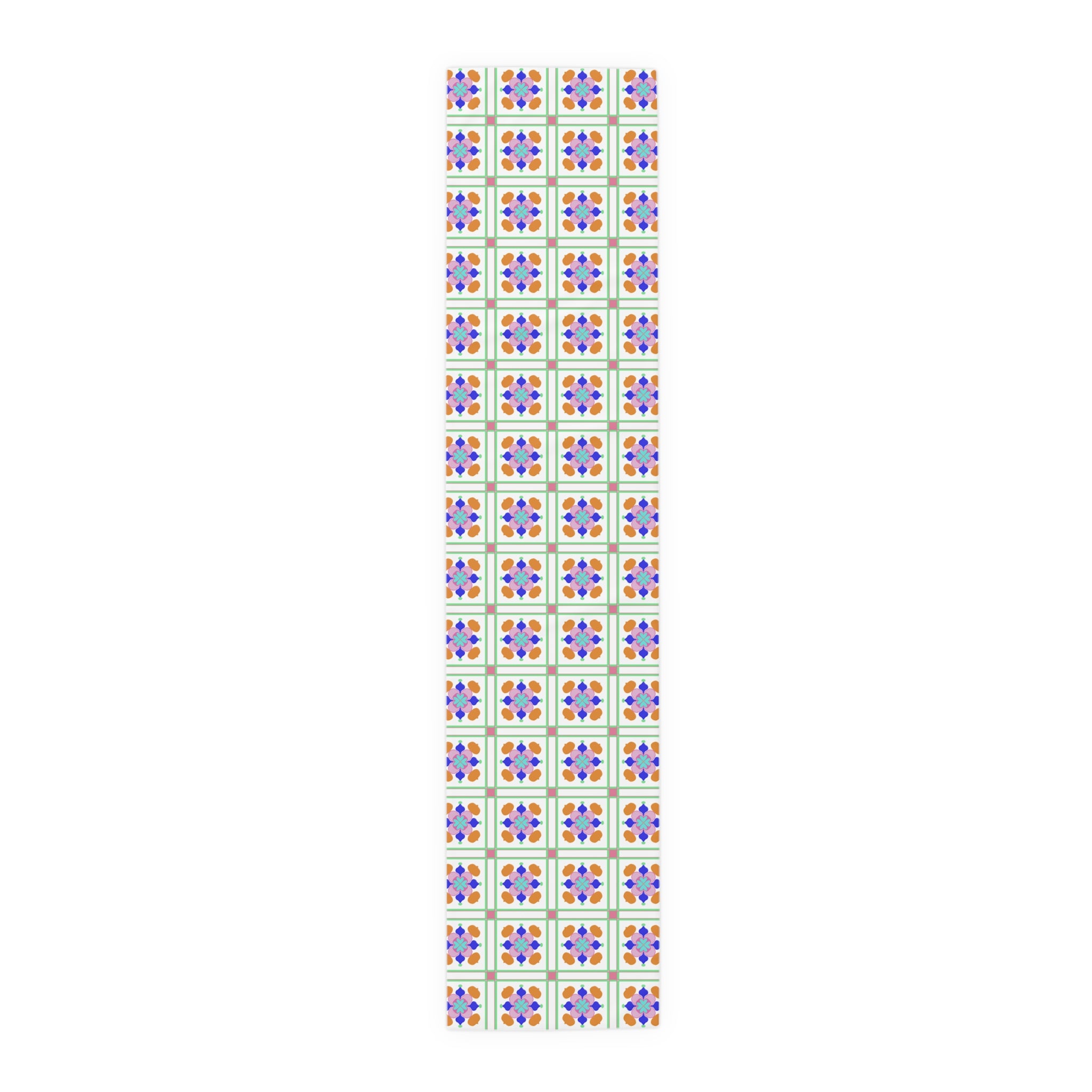 Floral Tile Table Runner — Retro Pastel Pattern Cotton-Poly Blend