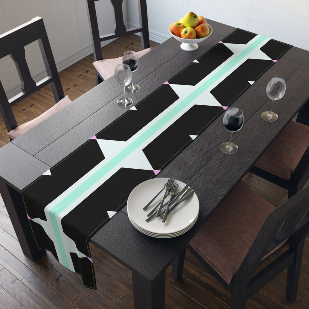 Geometric Pastel Stripe Table Runner — Modern Black, Mint & Pink Dining Accent