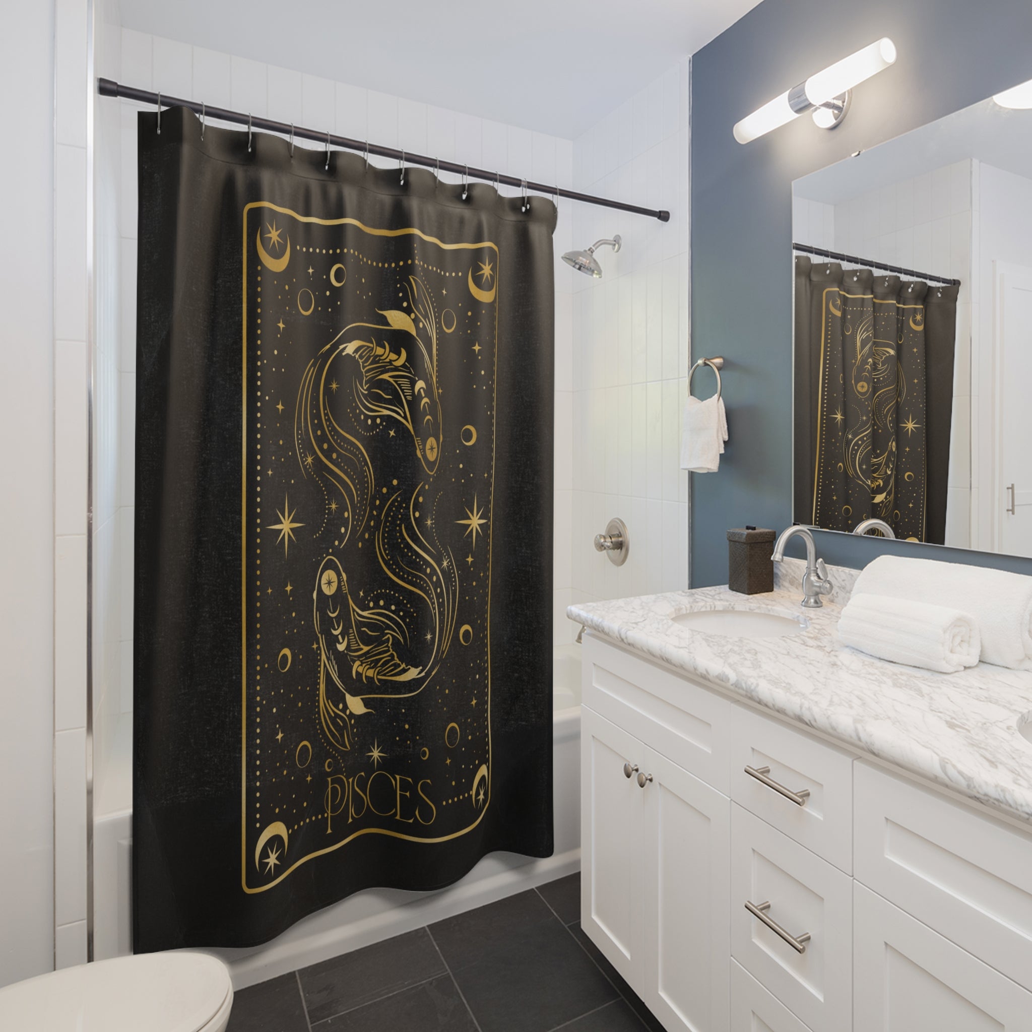 Pisces Zodiac Shower Curtain — Gold Celestial Fish Astrological Bathroom Decor