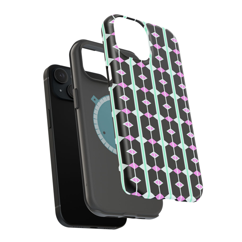 Geom Stripe Magnetic Phone Case — Black with Mint & Lavender Pattern