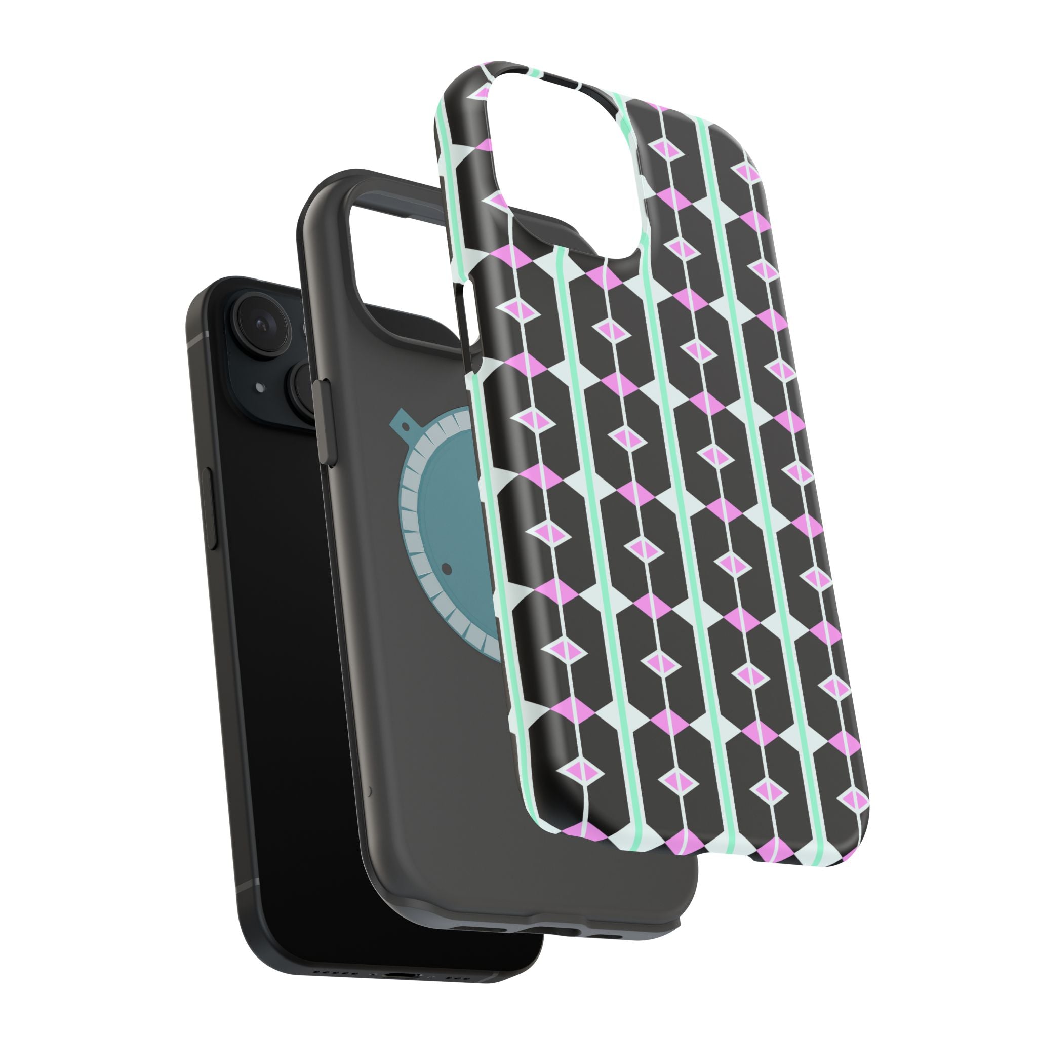 Geom Stripe Magnetic Phone Case — Black with Mint & Lavender Pattern