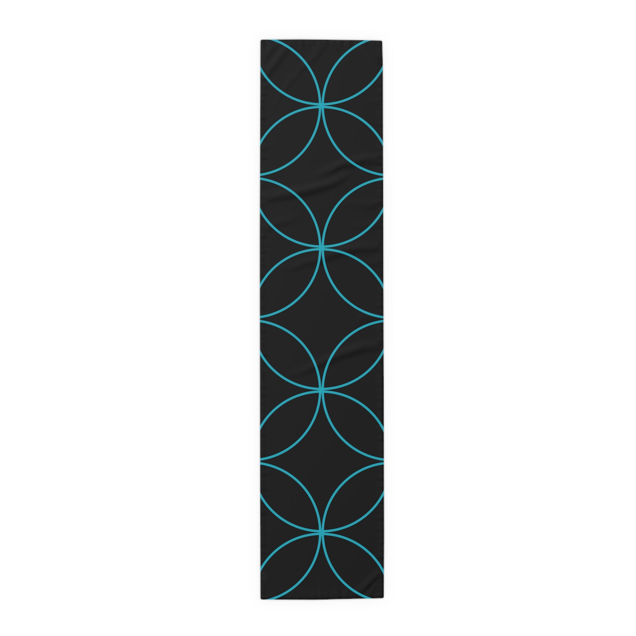 Modern Geometric Table Runner — Black with Blue Interlocking Circles