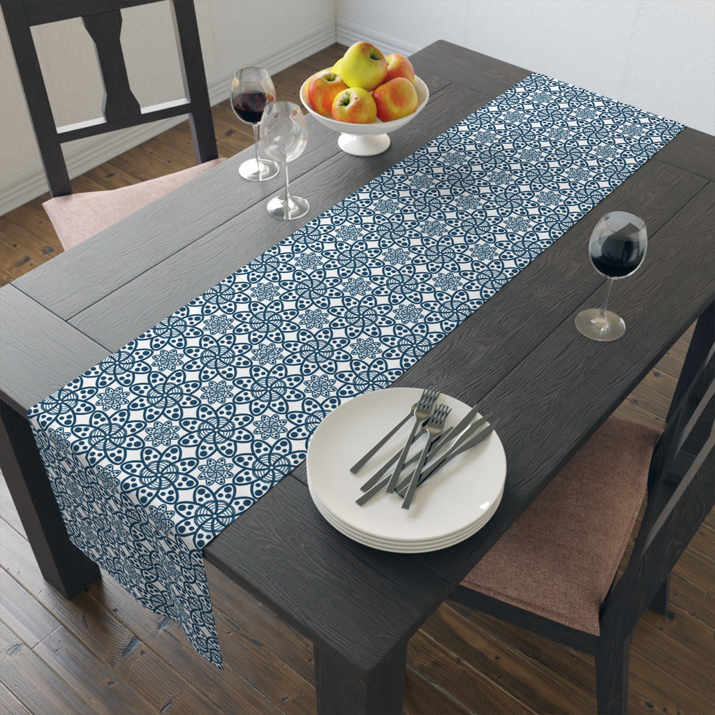 Blue Moroccan Tile Table Runner — Cotton-Poly Decorative Dining Accent