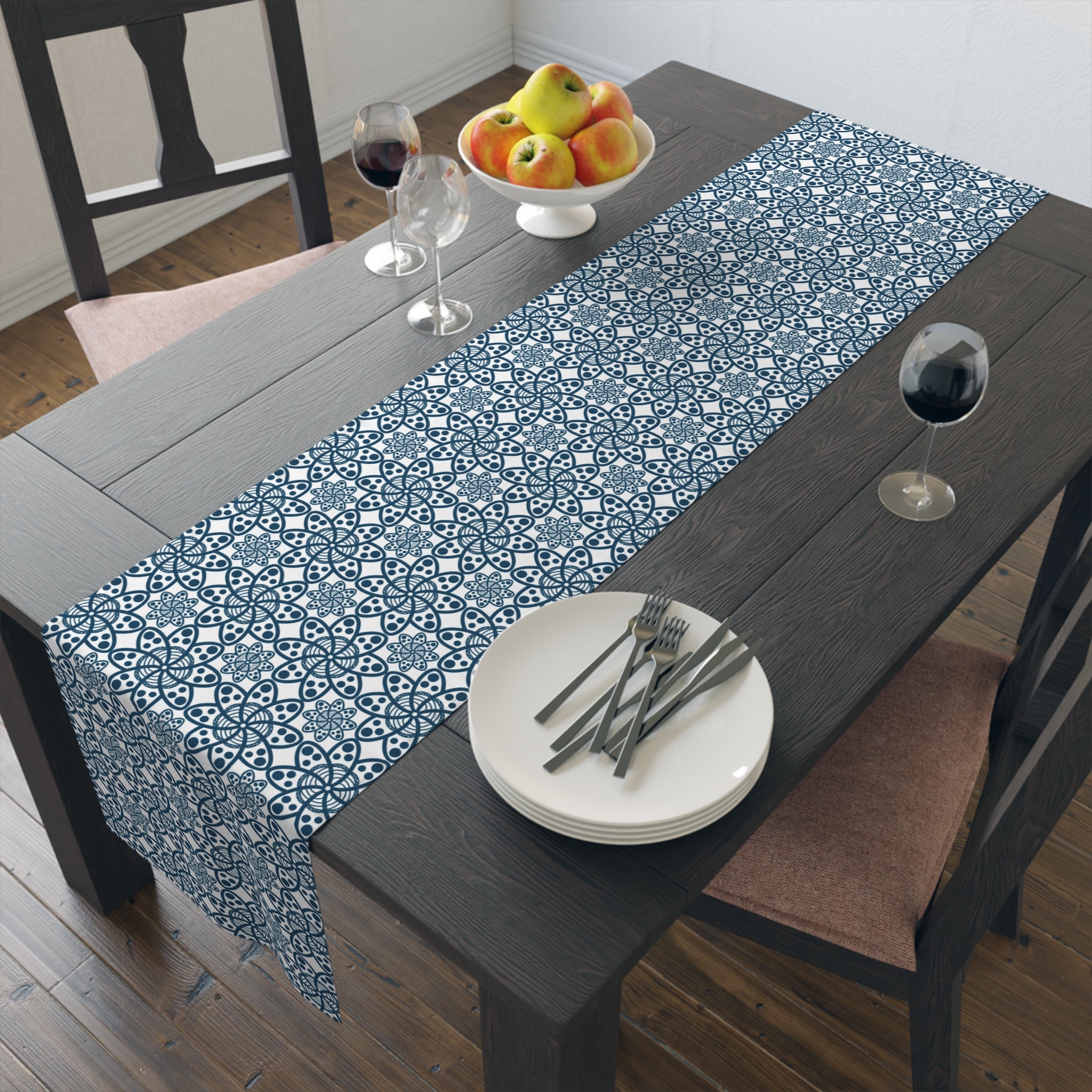 Blue Moroccan Tile Table Runner — Cotton-Poly Decorative Dining Accent