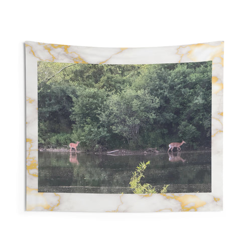 Deer at the River Wall Tapestry — Woodland Nature Scene Home Decor