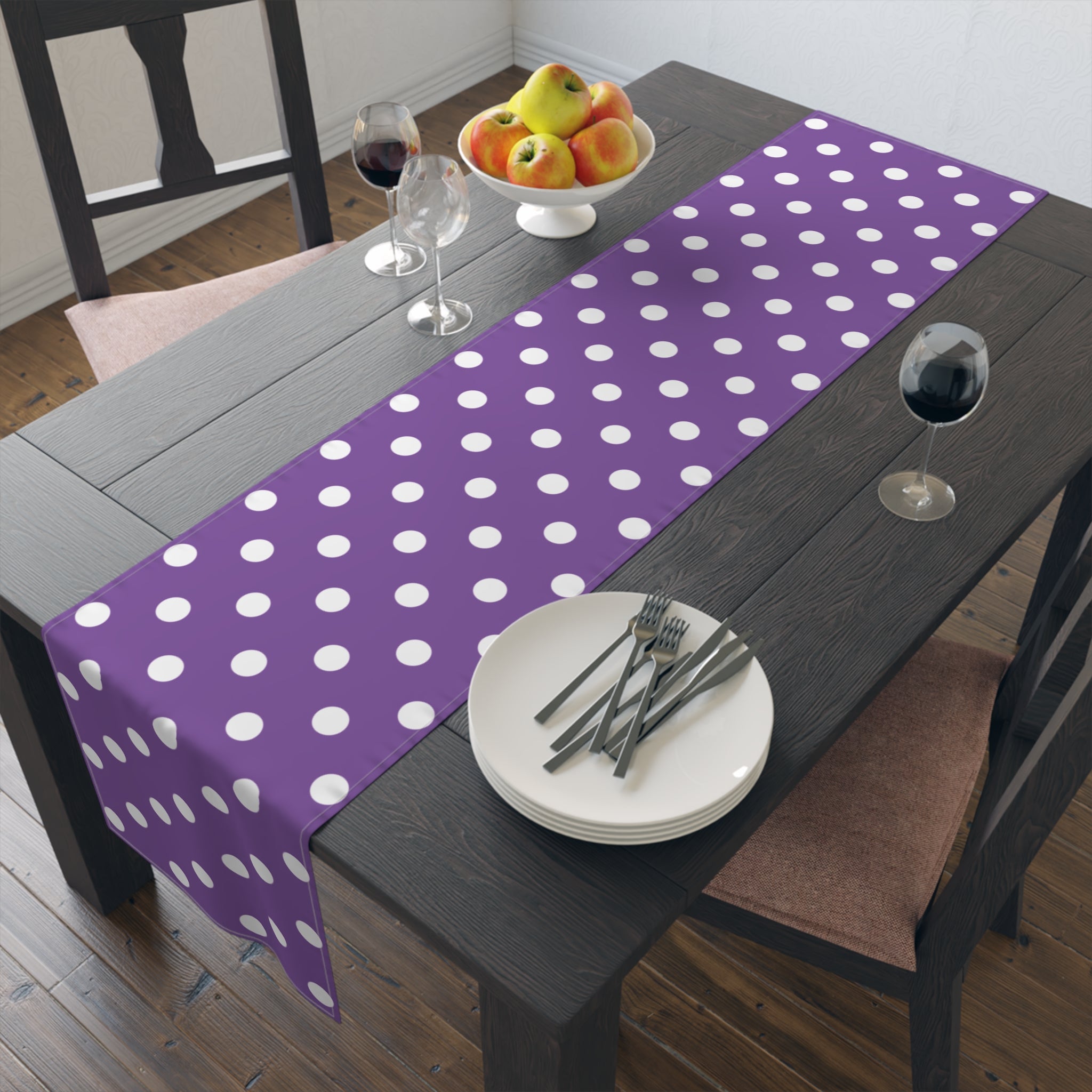 Purple White Polka Dot Table Runner — Cotton-Poly Decorative Accent for Dining, Parties & Easter