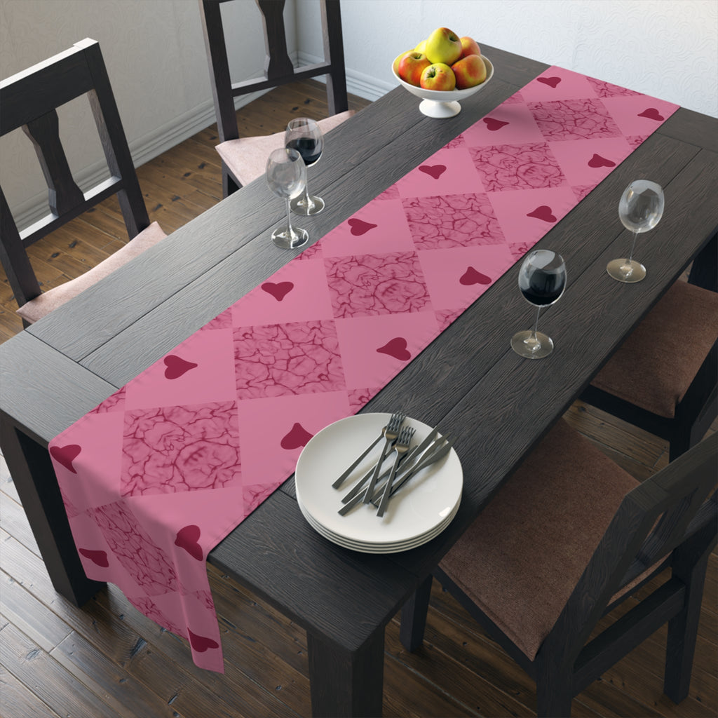 Pink Heart Patchwork Table Runner - Romantic Valentine Dining Decor