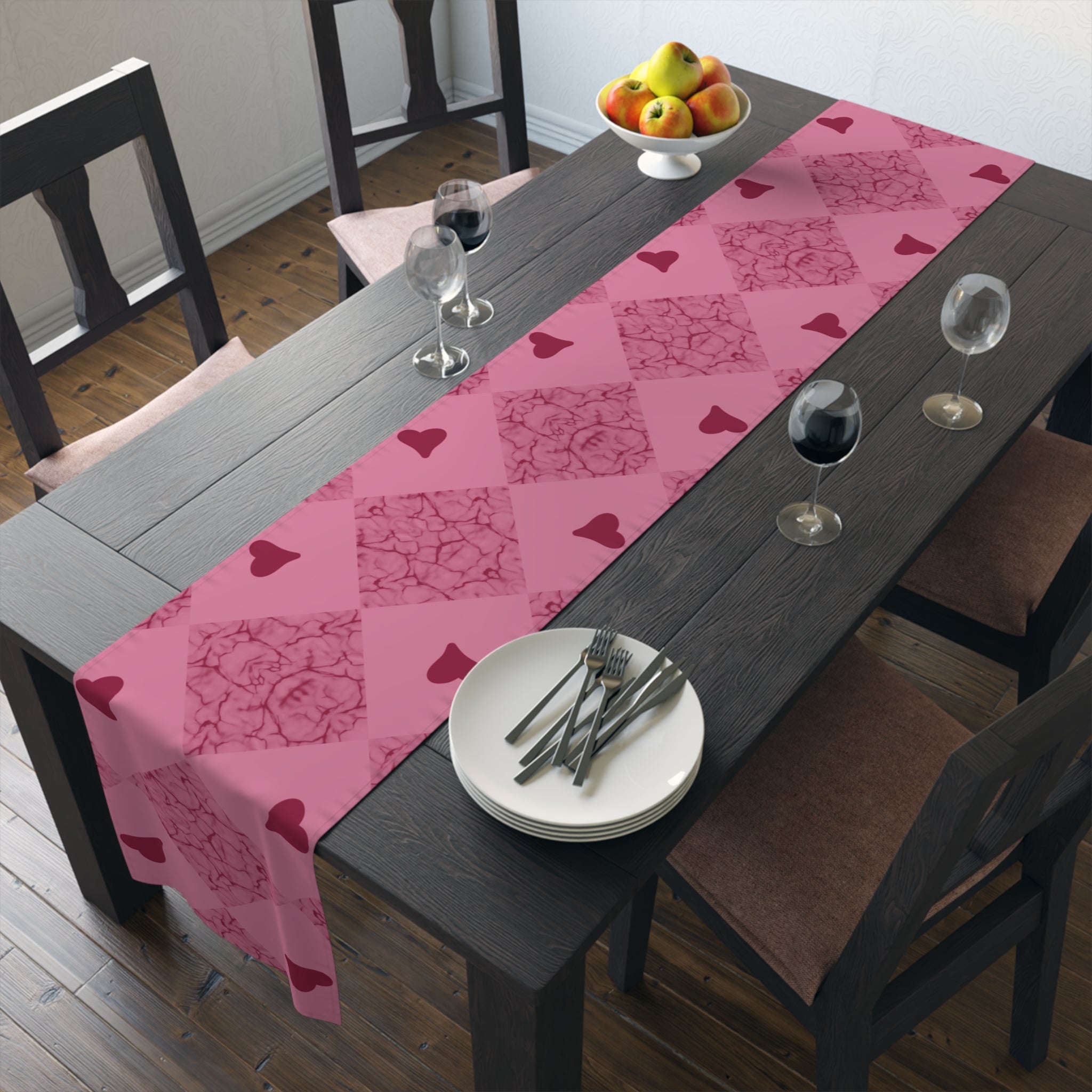 Pink Heart Patchwork Table Runner - Romantic Valentine Dining Decor