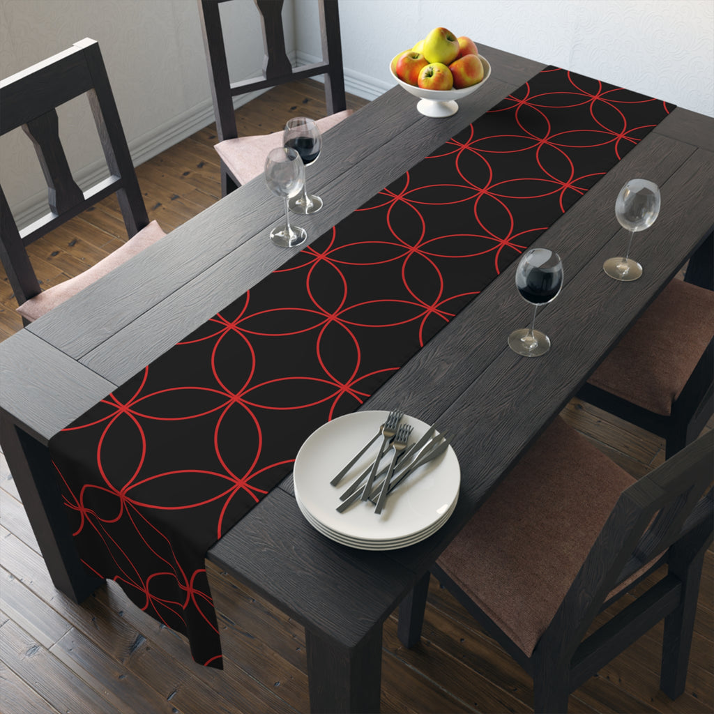 Geometric Rose Gold Circle Table Runner — Modern Black Cotton-Poly Decor