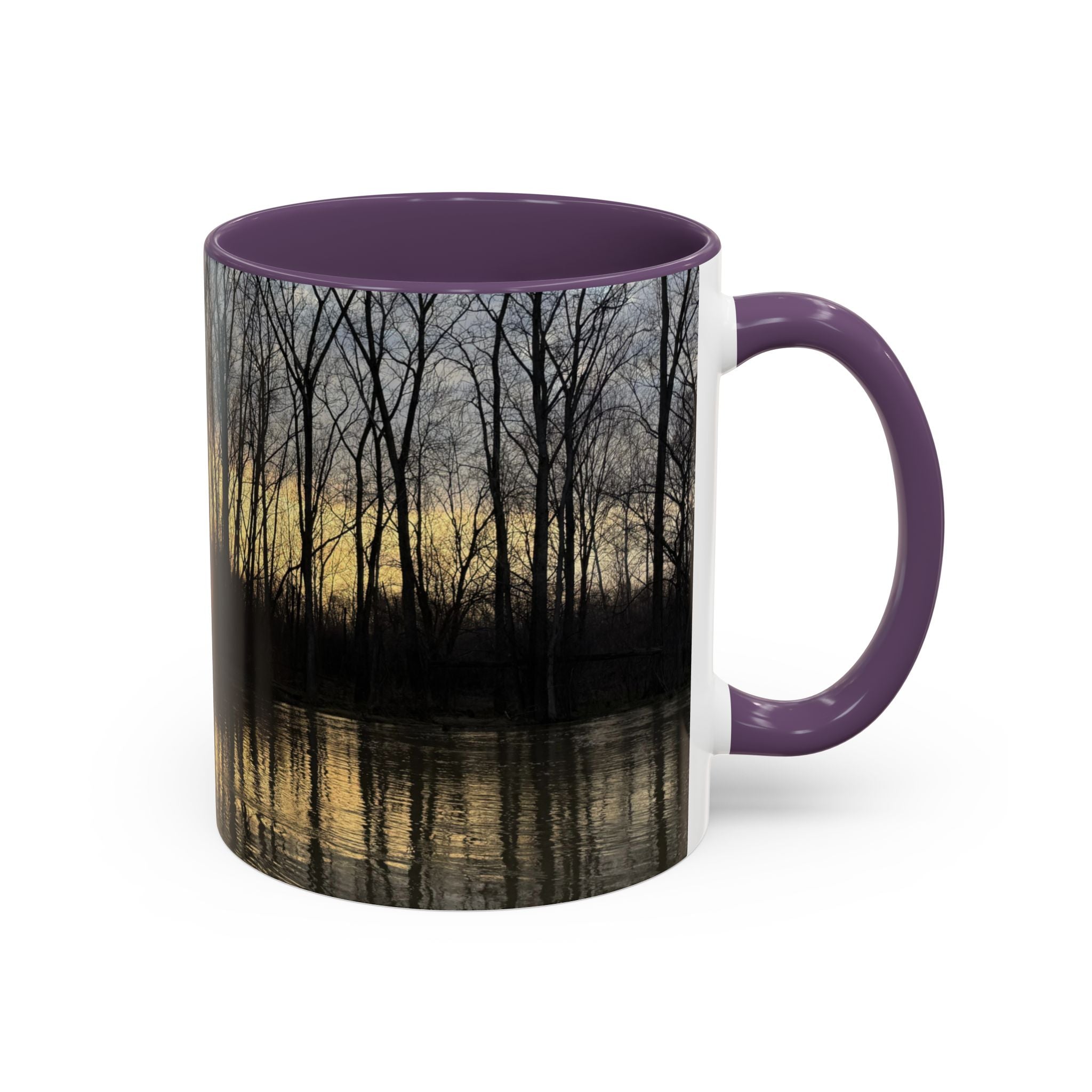 Sunset Reflection Coffee Mug — Forest Silhouette Accent Mug