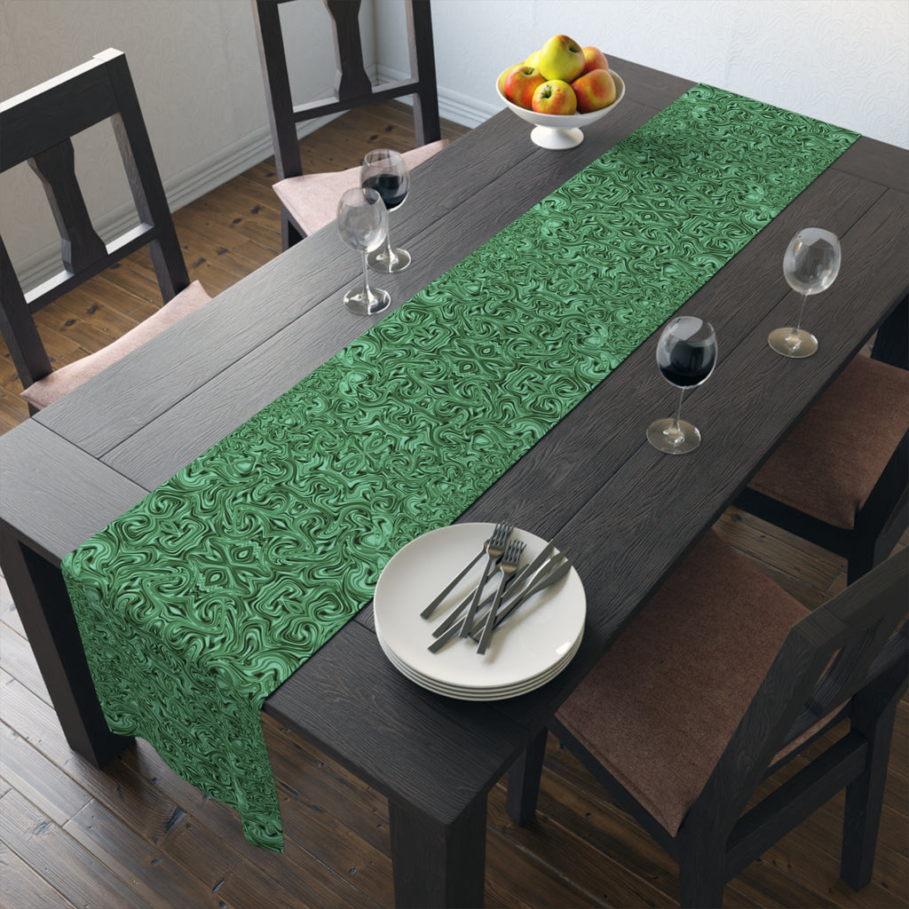 Emerald Marble Table Runner — Green Swirl Cotton-Poly Dining Decor