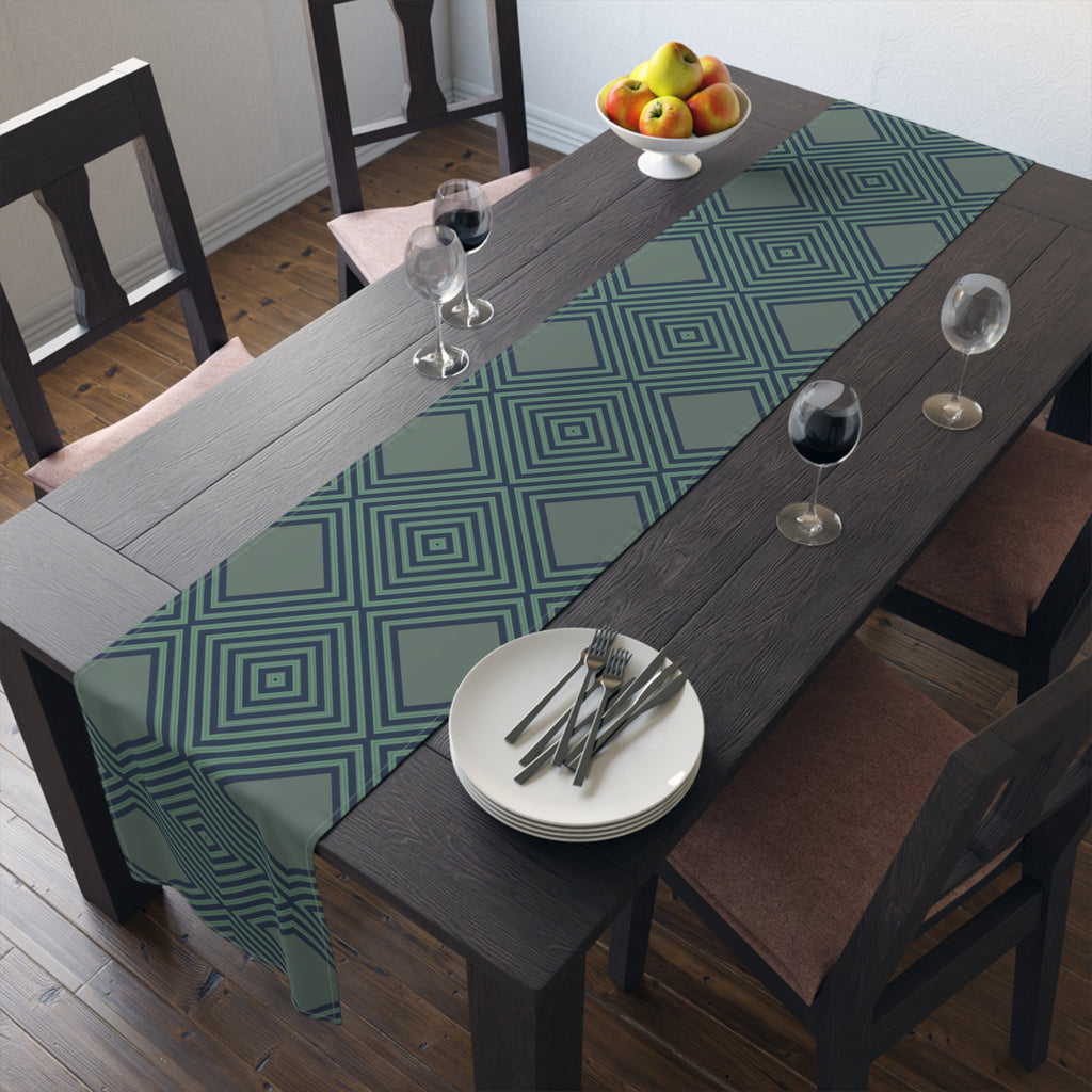 Geometric Diamond Table Runner — Modern Teal Cotton-Poly Accent