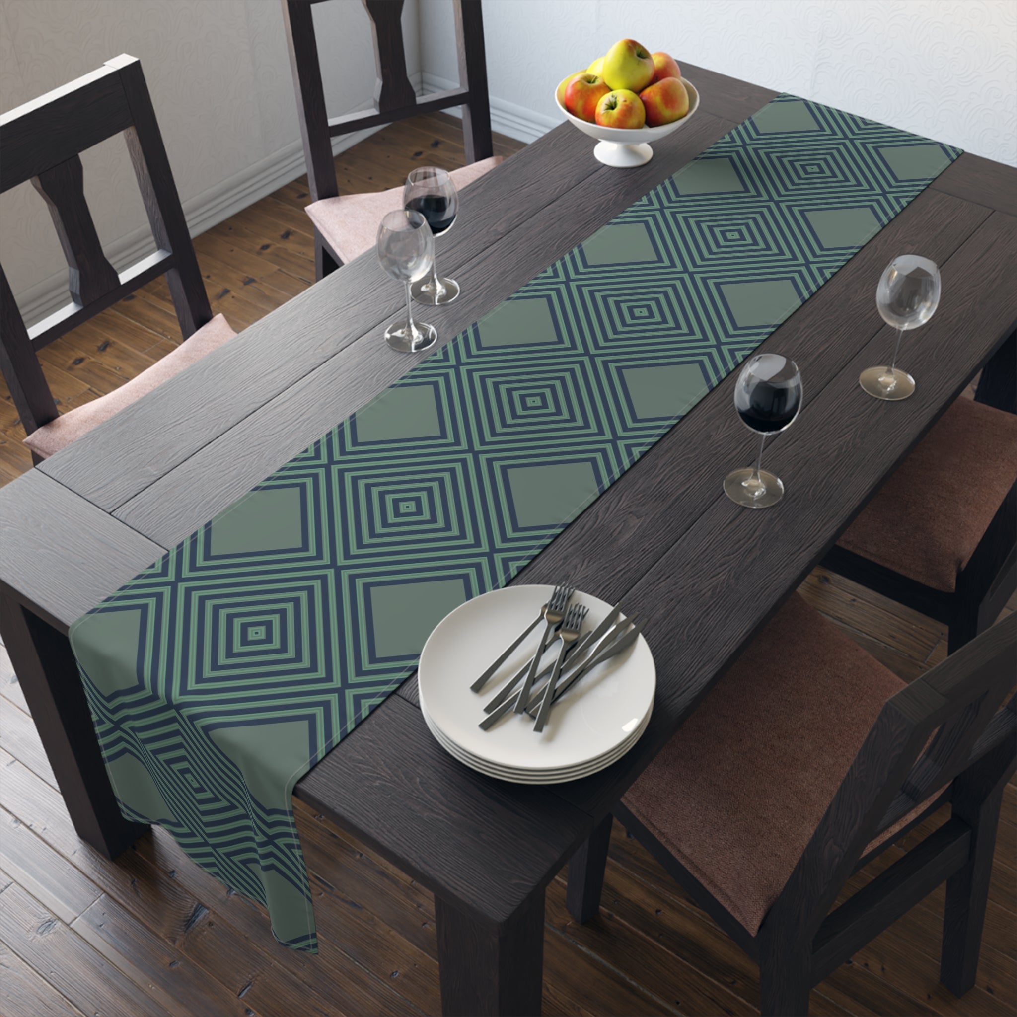 Geometric Diamond Table Runner — Modern Teal Cotton-Poly Accent