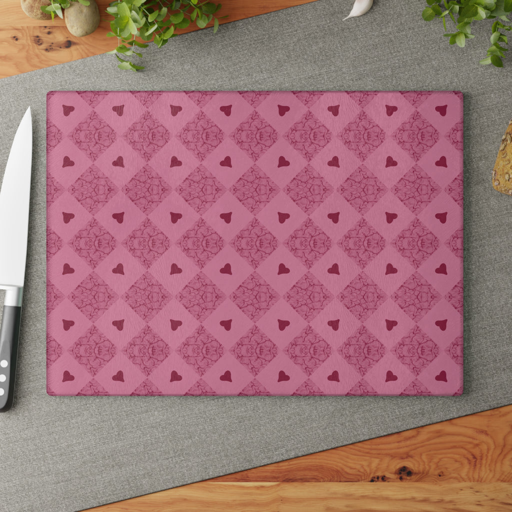 Pink Heart Pattern Glass Cutting Board — Decorative Kitchen Chopping Board