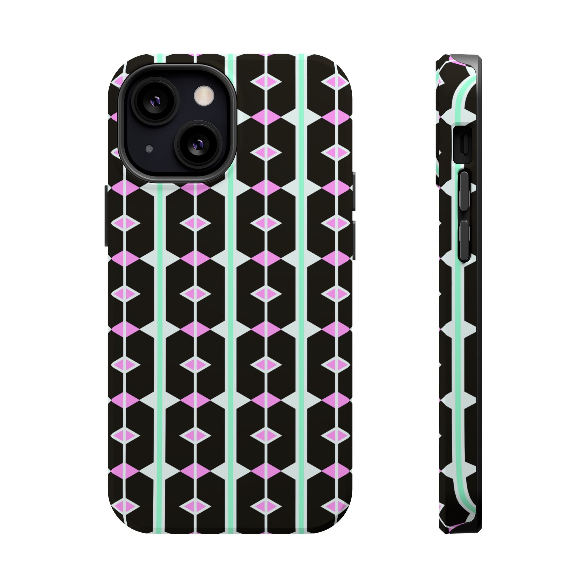 Geom Stripe Magnetic Phone Case — Black with Mint & Lavender Pattern