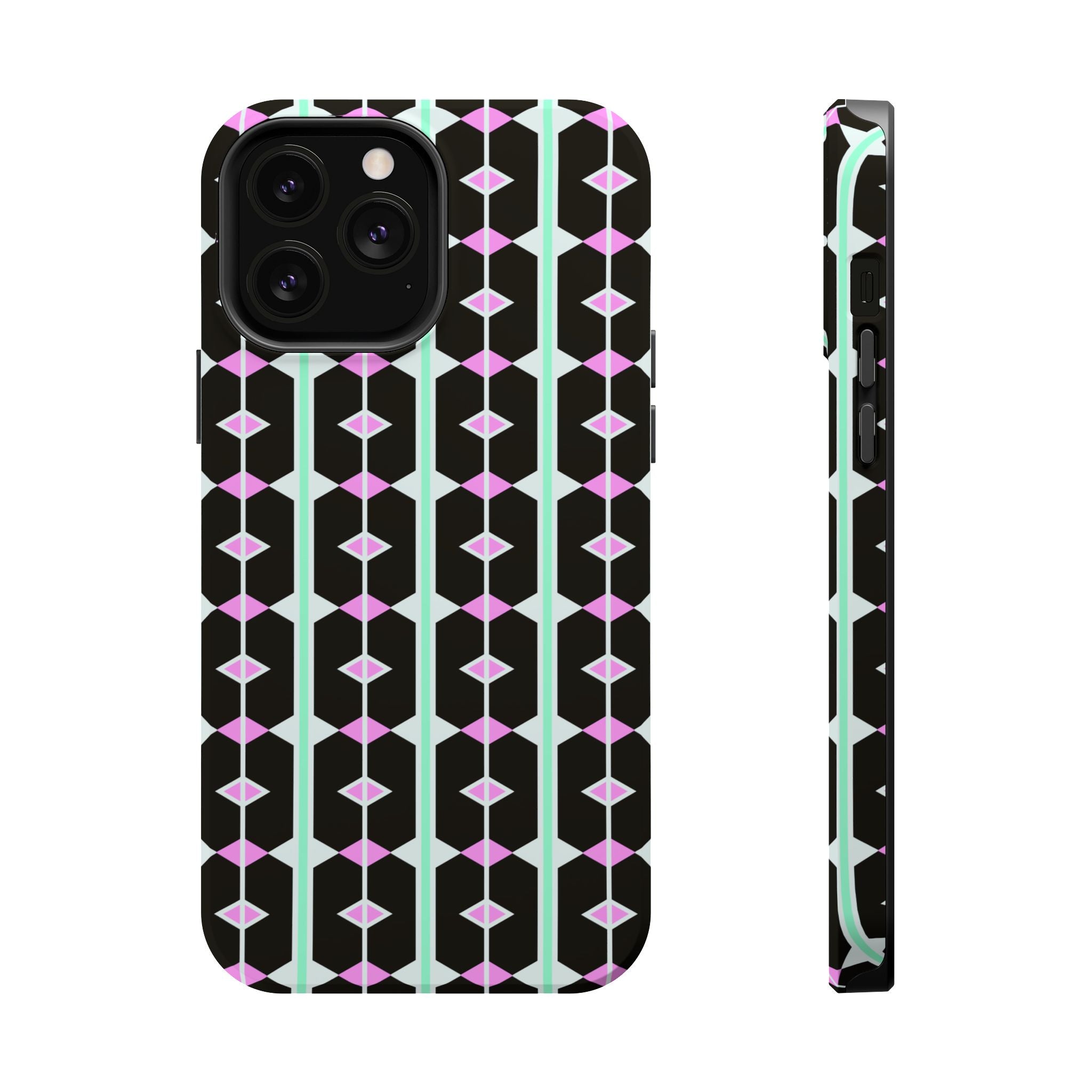 Geom Stripe Magnetic Phone Case — Black with Mint & Lavender Pattern