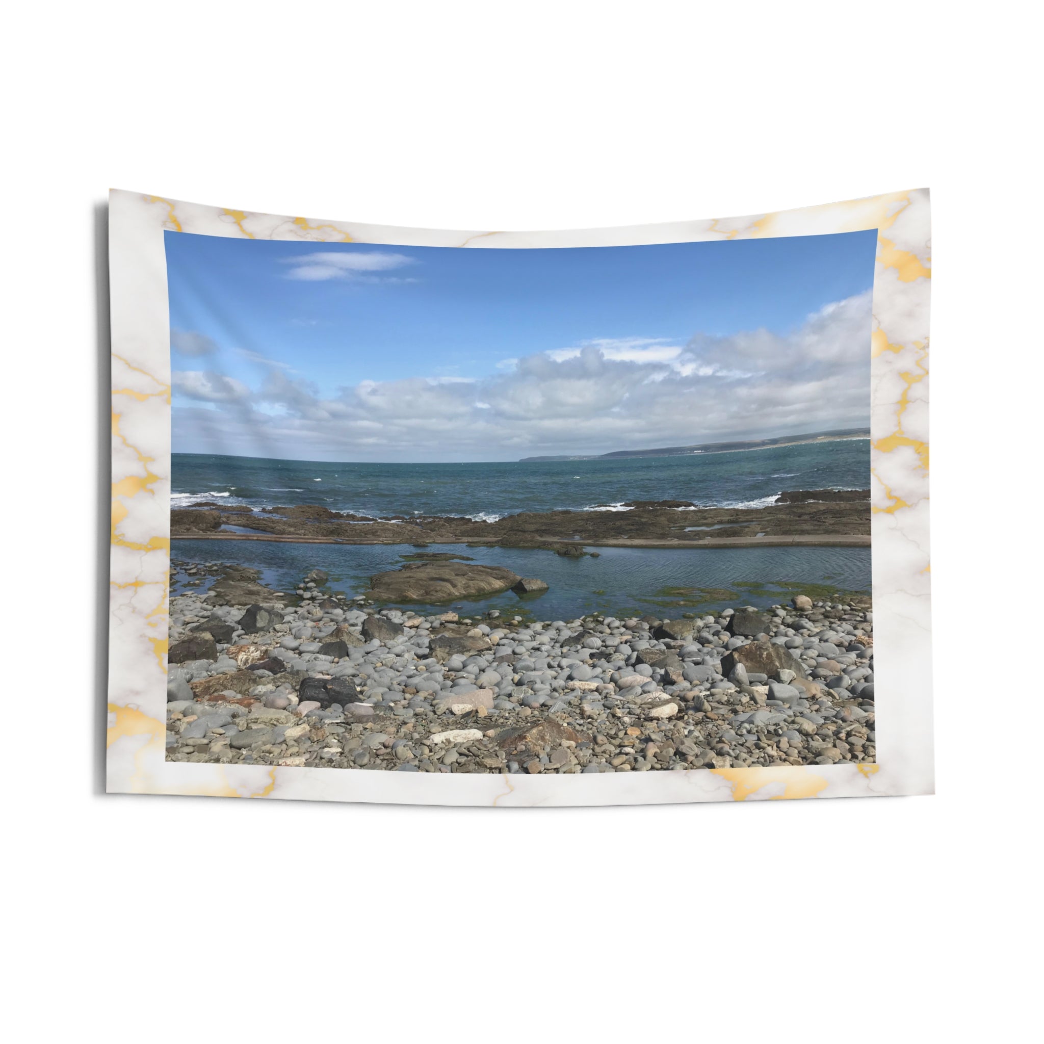 Coastal Pebble Beach in Devon, England Tapestry — Seaside Wall Art with Marble Border
