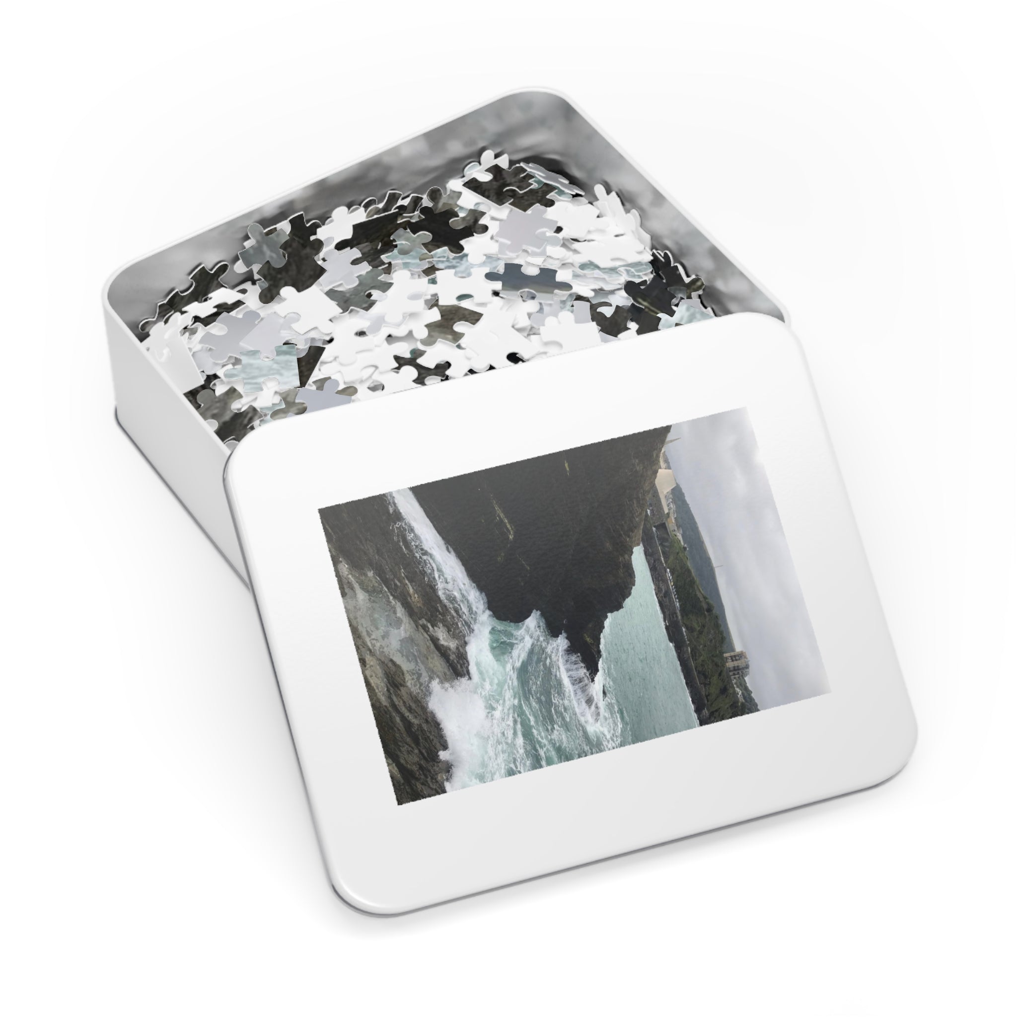 Coastal Cliff Jigsaw Puzzle with Tin – Ocean Waves Seascape Puzzle