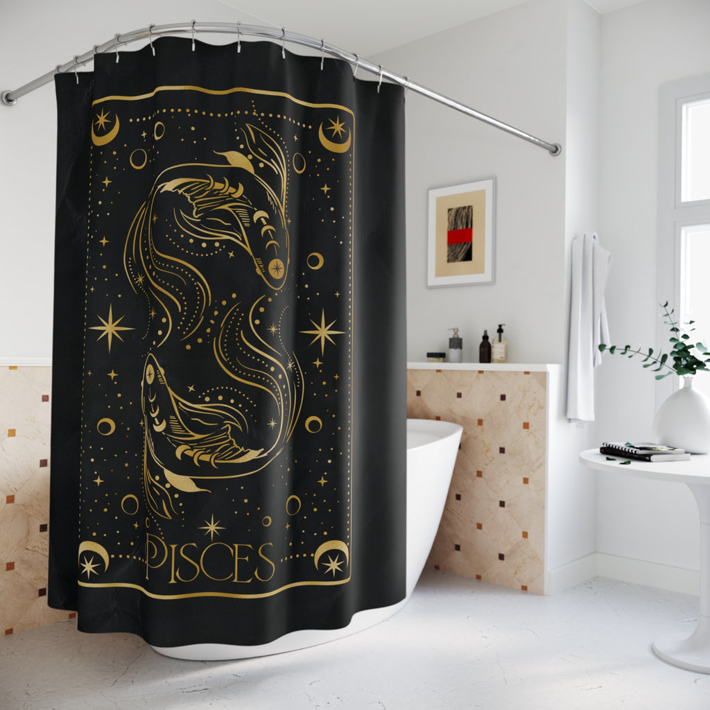 Pisces Zodiac Shower Curtain — Gold Celestial Fish Astrological Bathroom Decor