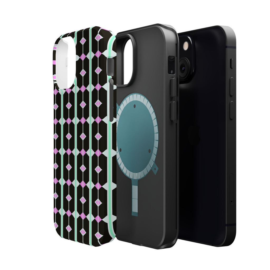 Geom Stripe Magnetic Phone Case — Black with Mint & Lavender Pattern