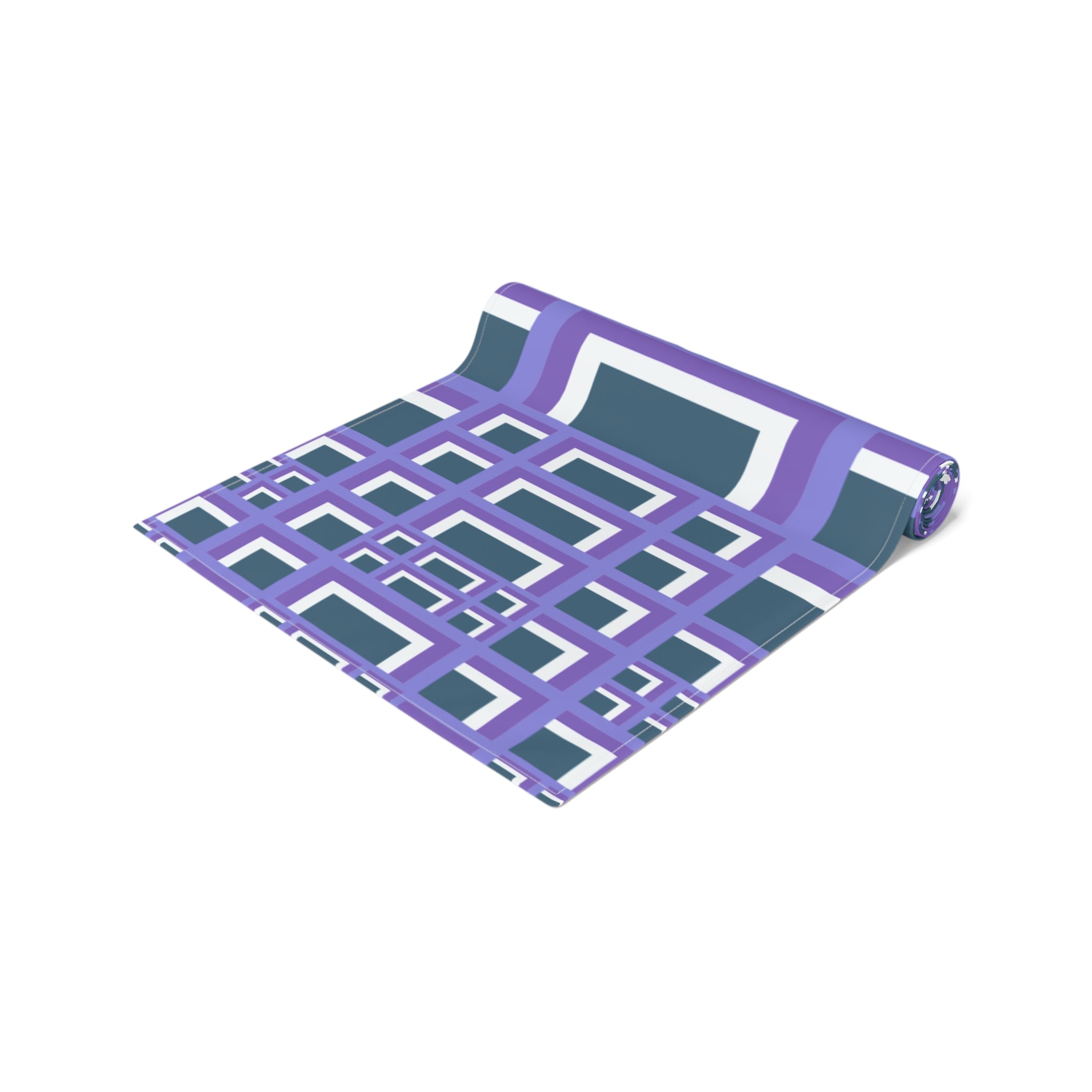 Geometric Purple Square Table Runner — Modern Retro Pattern Cotton-Poly Blend