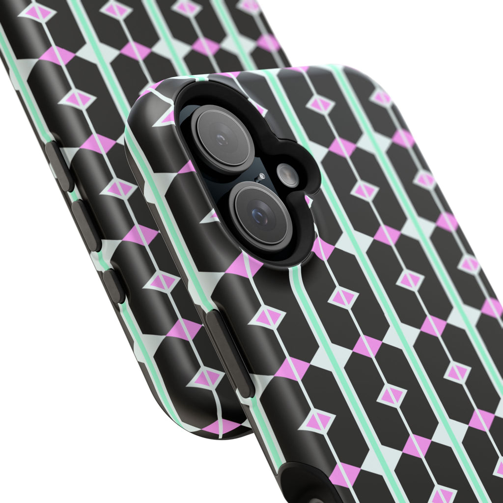 Geom Stripe Magnetic Phone Case — Black with Mint & Lavender Pattern