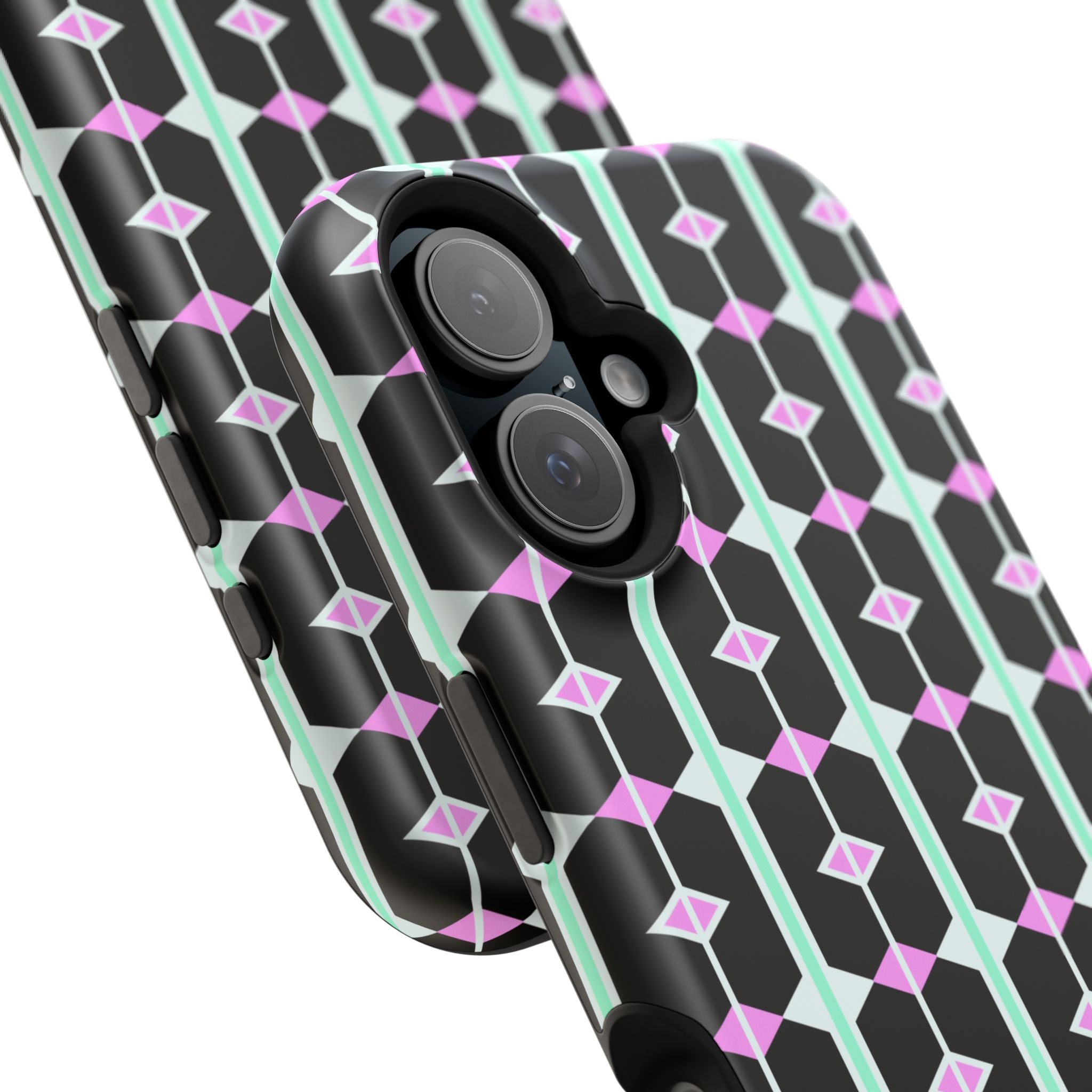 Geom Stripe Magnetic Phone Case — Black with Mint & Lavender Pattern