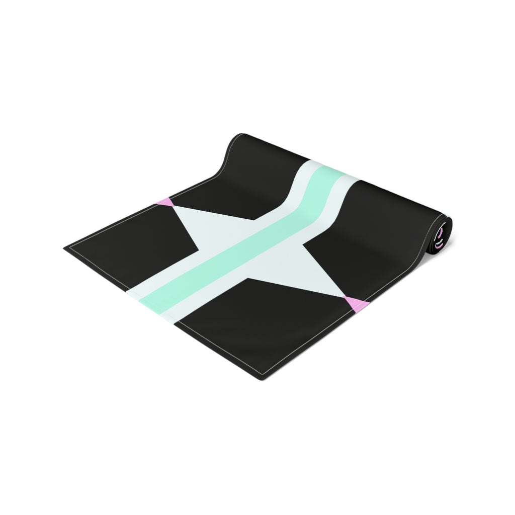 Geometric Pastel Stripe Table Runner — Modern Black, Mint & Pink Dining Accent
