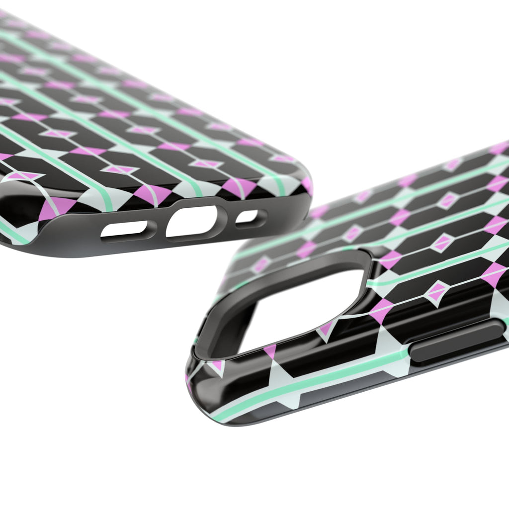 Geom Stripe Magnetic Phone Case — Black with Mint & Lavender Pattern