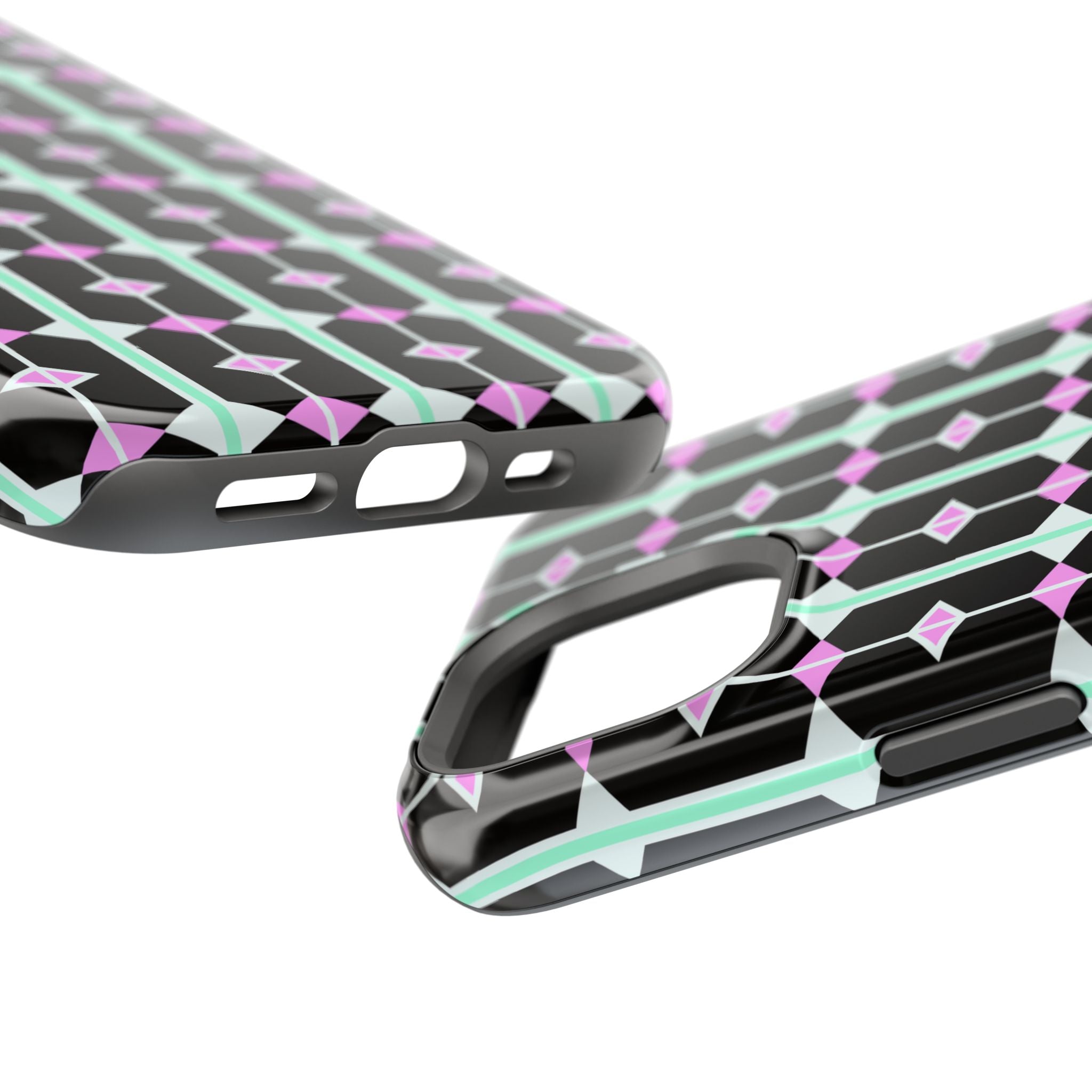 Geom Stripe Magnetic Phone Case — Black with Mint & Lavender Pattern