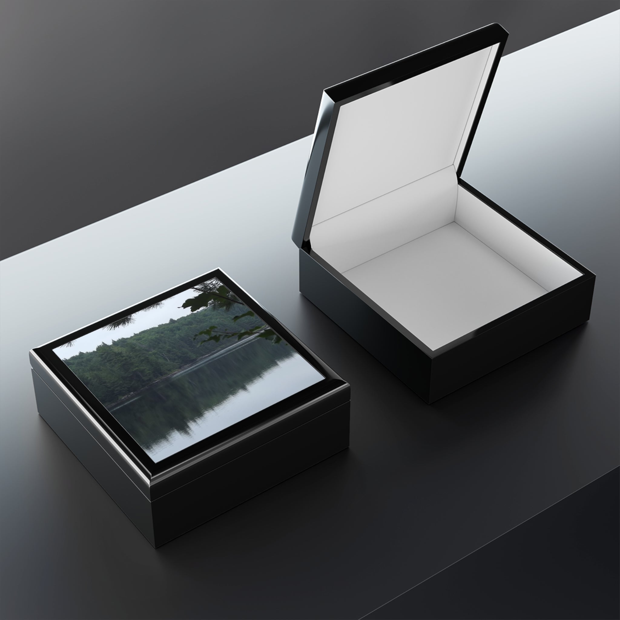 Lake Reflection Jewelry Box — Scenic Forest Lake Keepsake Box