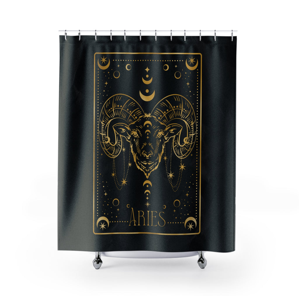 Aries Zodiac Shower Curtain — Gold Ram Astrology Bathroom Decor