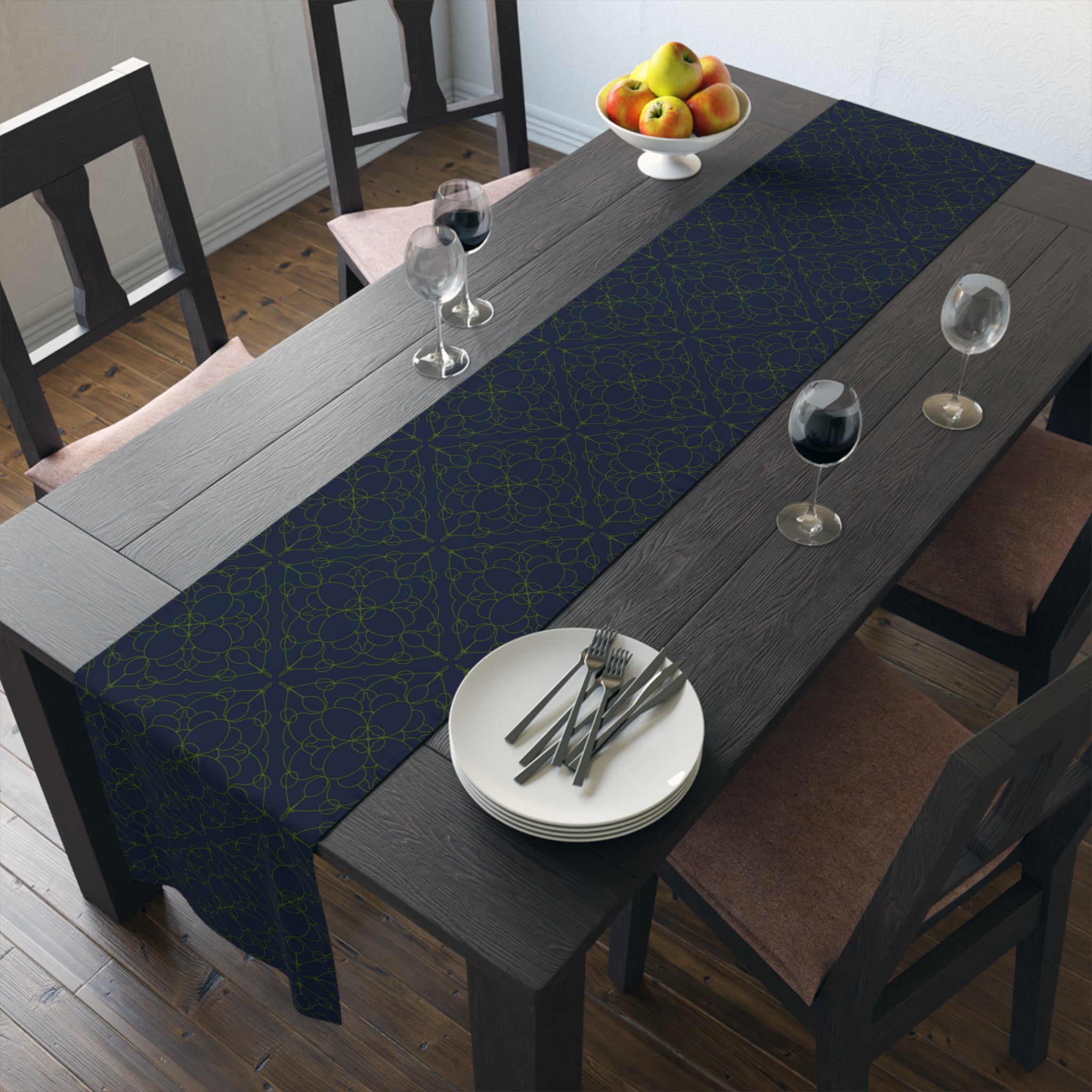 Geometric Starry Night Table Runner — Navy & Lime Cotton-Poly Blend