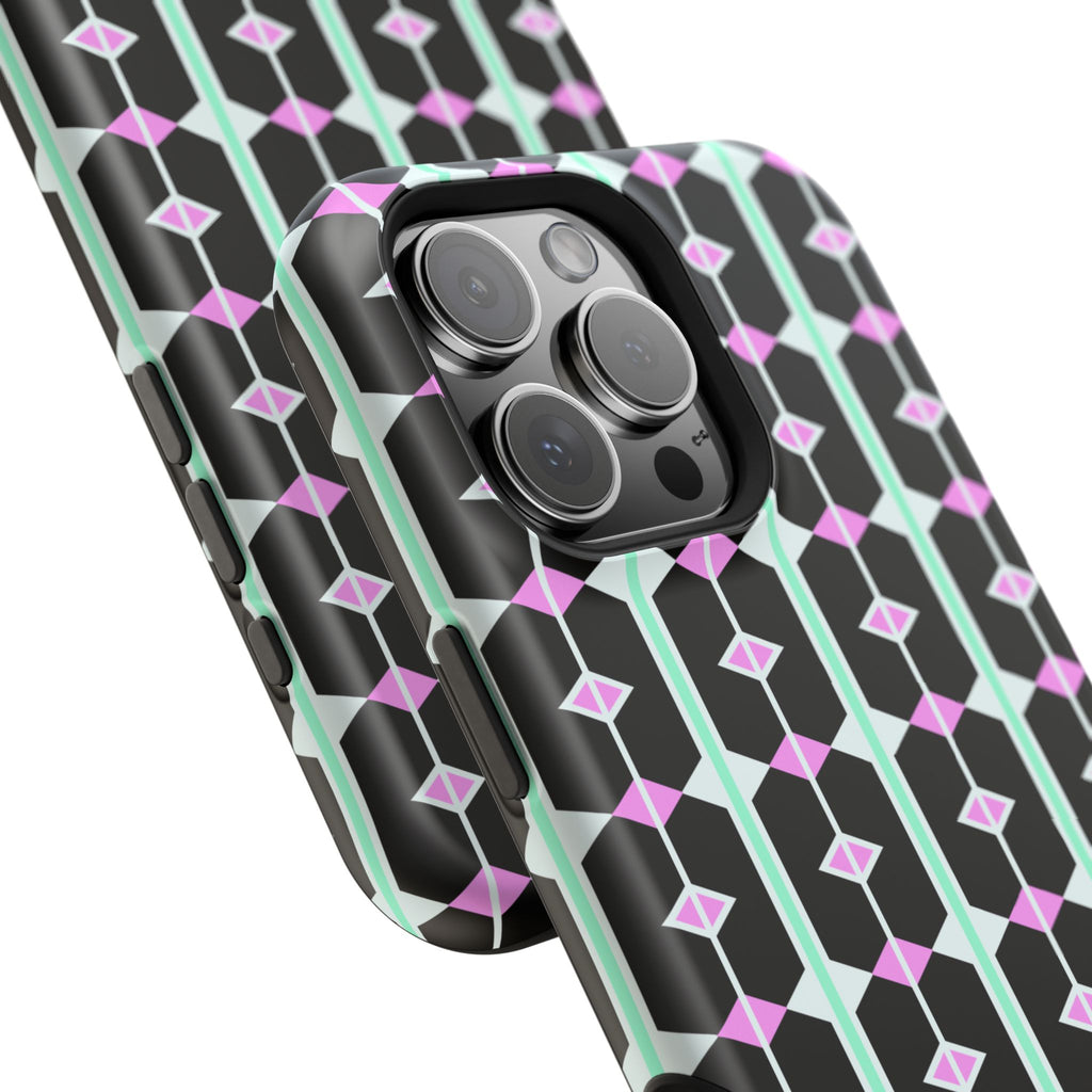 Geom Stripe Magnetic Phone Case — Black with Mint & Lavender Pattern