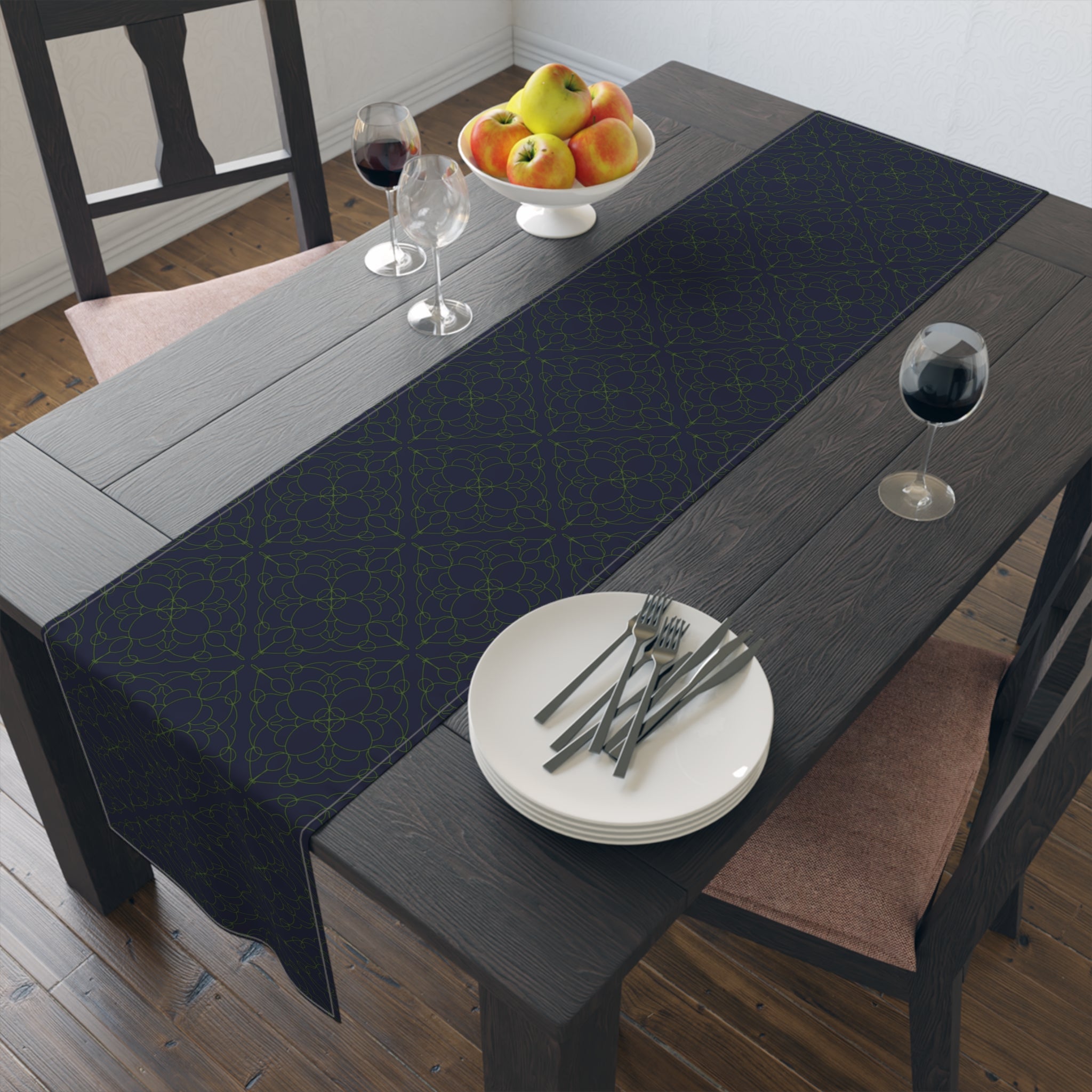 Geometric Starry Night Table Runner — Navy & Lime Cotton-Poly Blend