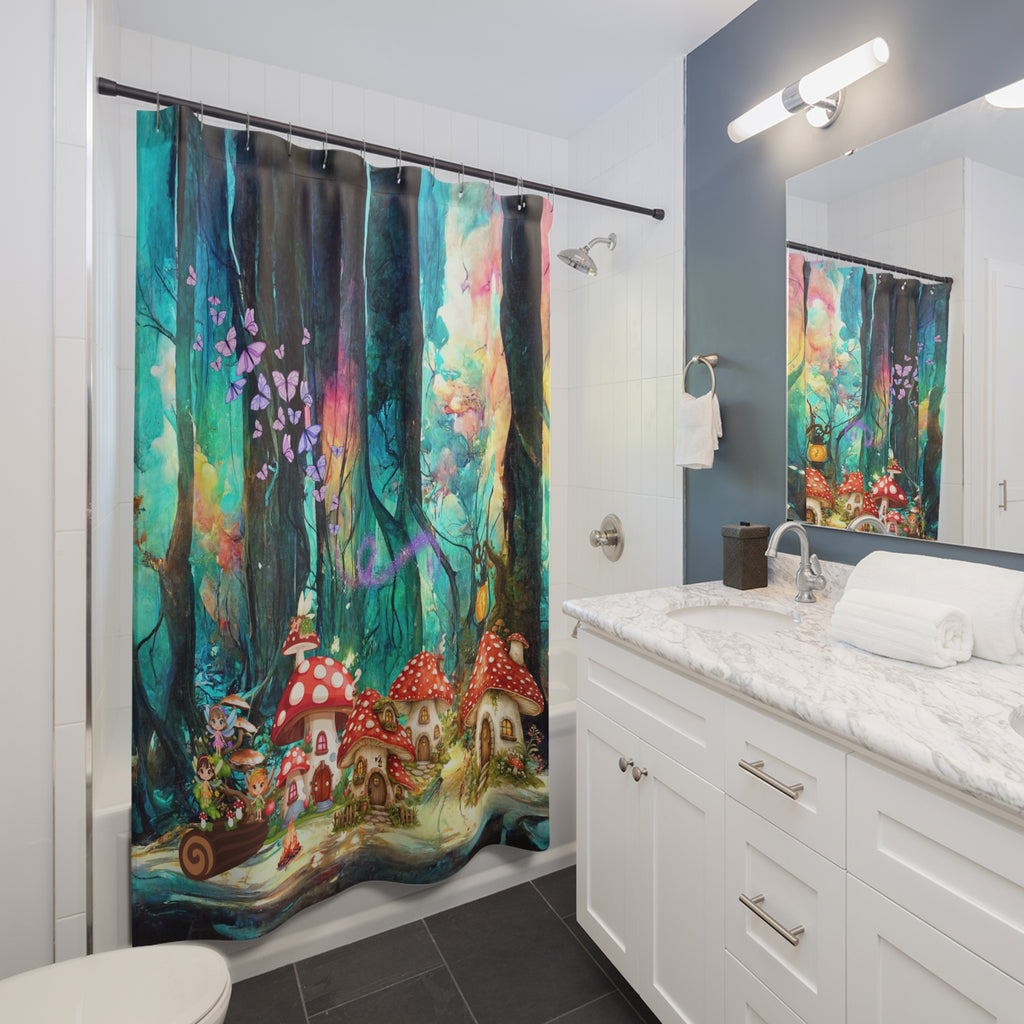 Whimsical Mushroom Grove Shower Curtain — Fantasy Forest Bathroom Decor