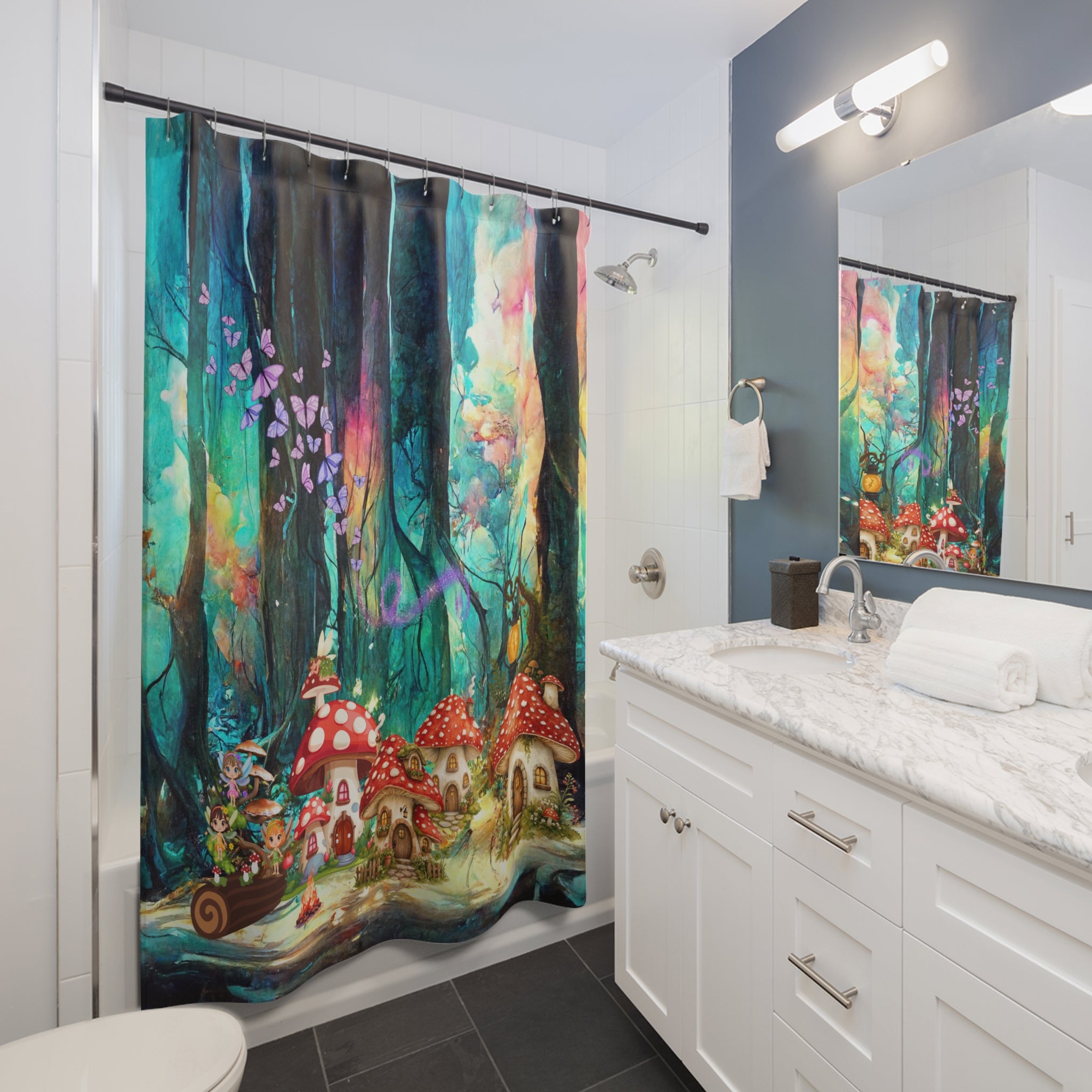 Whimsical Mushroom Grove Shower Curtain — Fantasy Forest Bathroom Decor