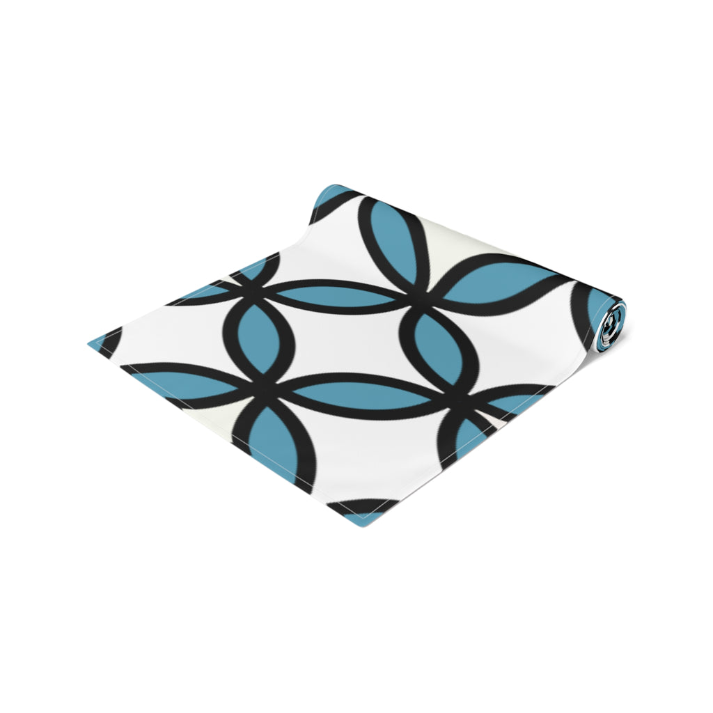 Geometric Blue Trellis Table Runner — Modern Mid-Century Dining Accent