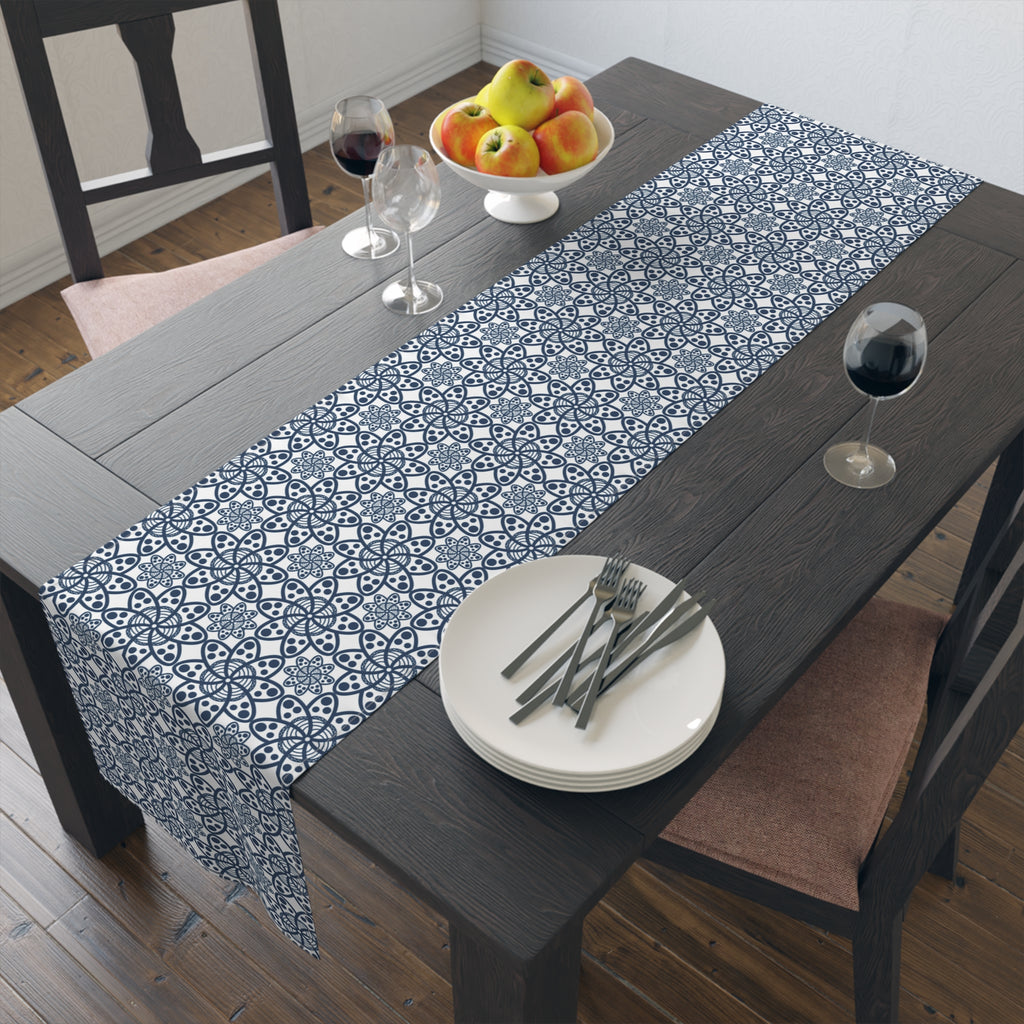 Blue Moroccan Tile Table Runner — Cotton-Poly Decorative Dining Accent