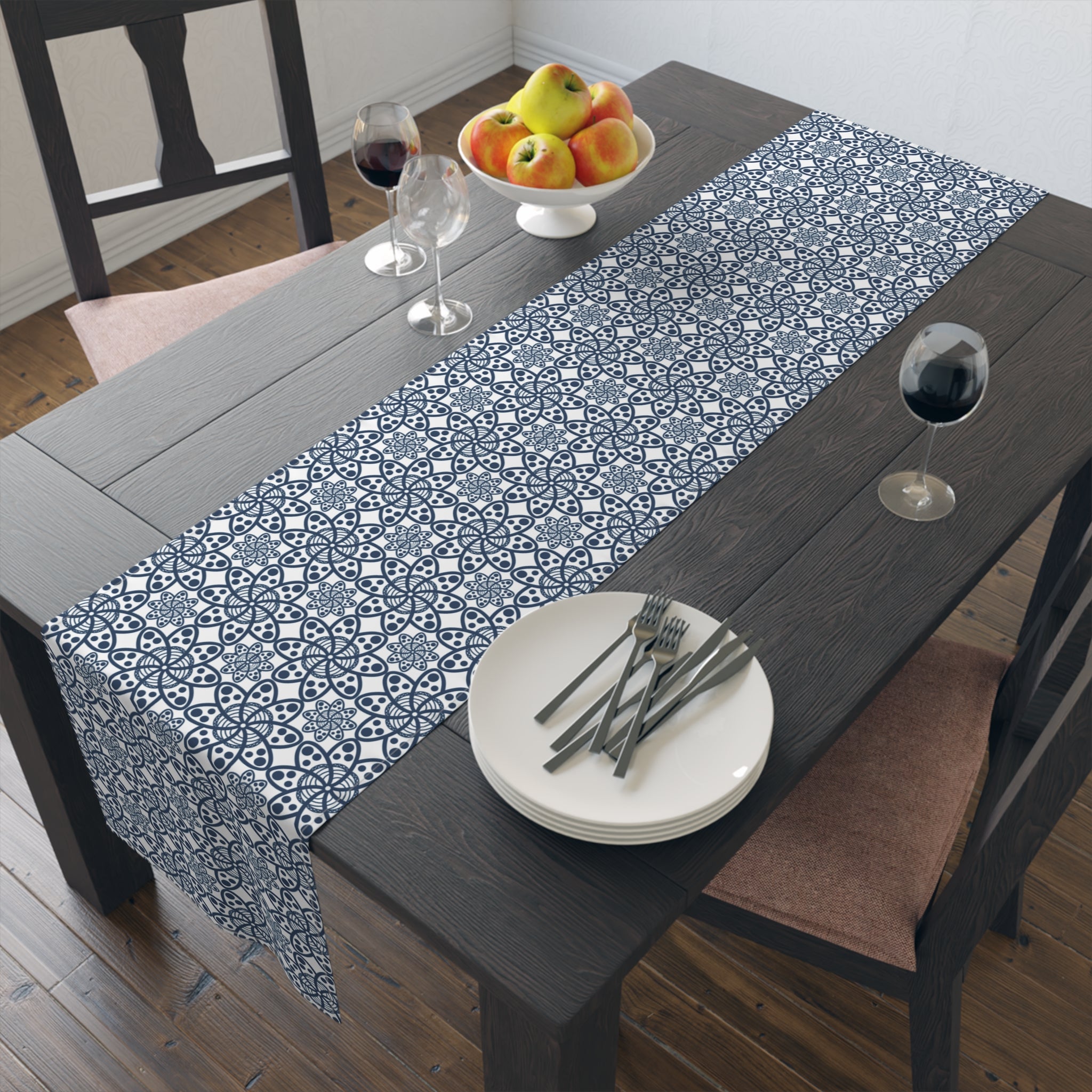 Blue Moroccan Tile Table Runner — Cotton-Poly Decorative Dining Accent