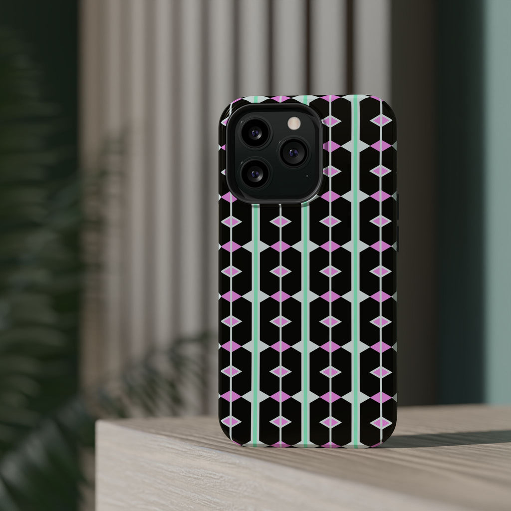 Geom Stripe Magnetic Phone Case — Black with Mint & Lavender Pattern