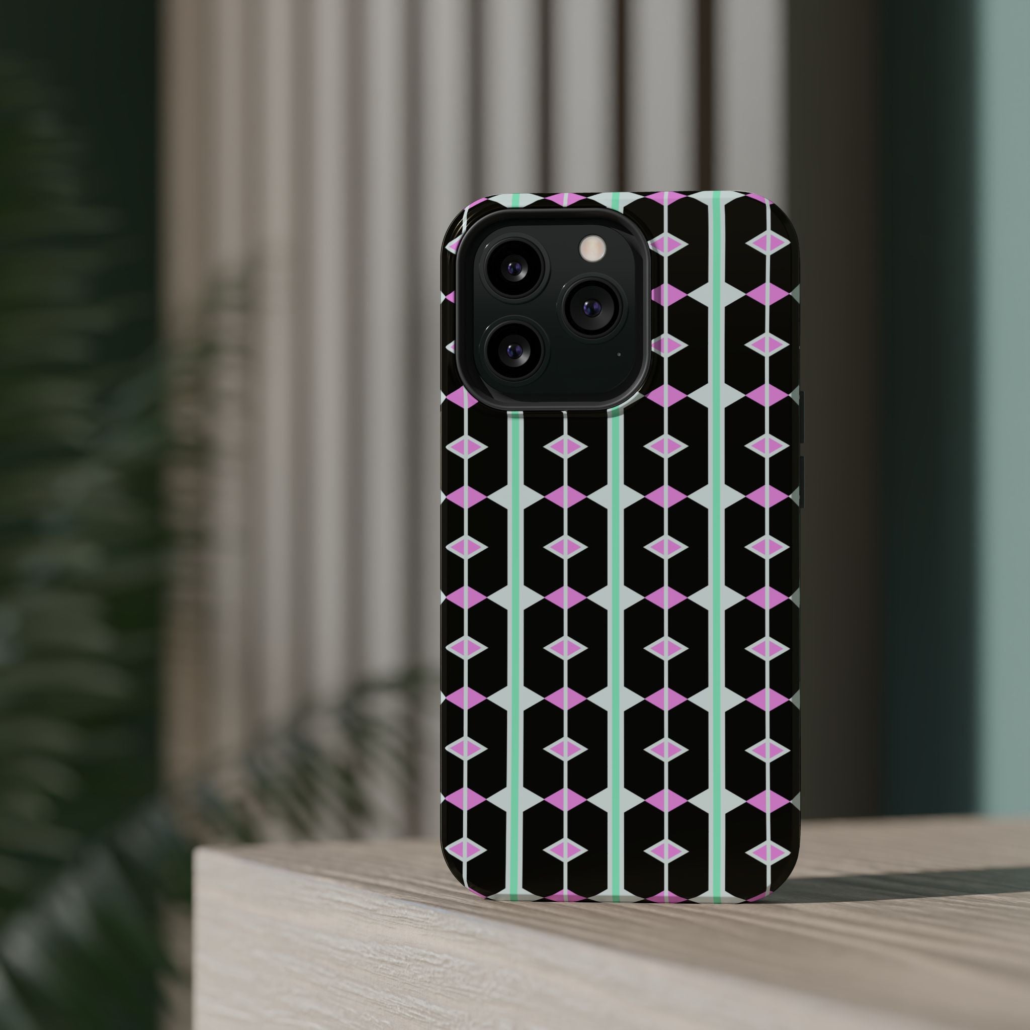 Geom Stripe Magnetic Phone Case — Black with Mint & Lavender Pattern