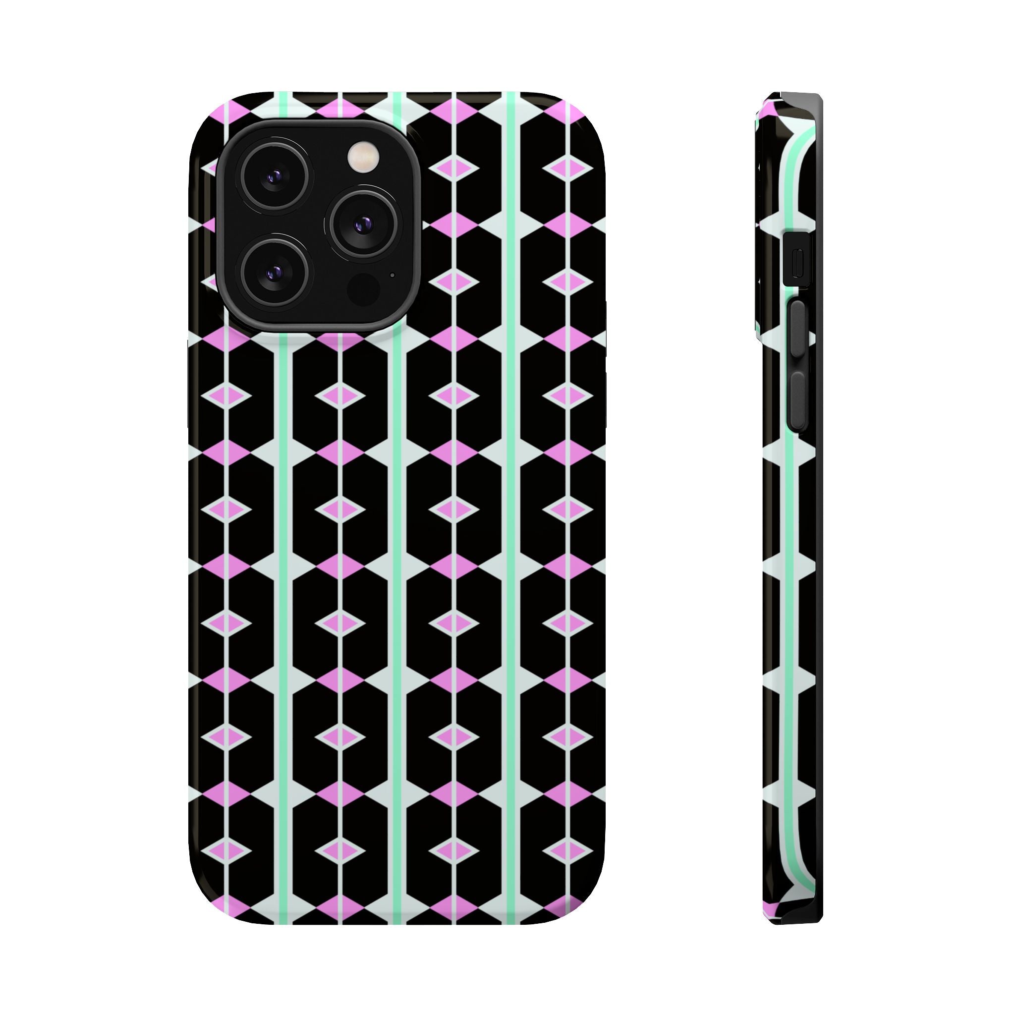 Geom Stripe Magnetic Phone Case — Black with Mint & Lavender Pattern