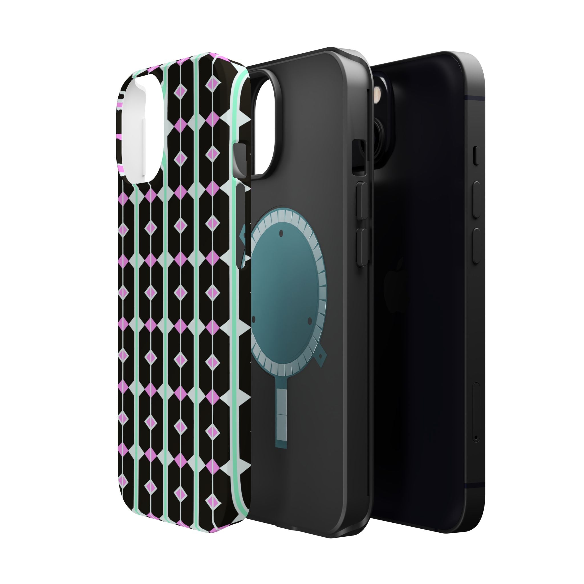Geom Stripe Magnetic Phone Case — Black with Mint & Lavender Pattern
