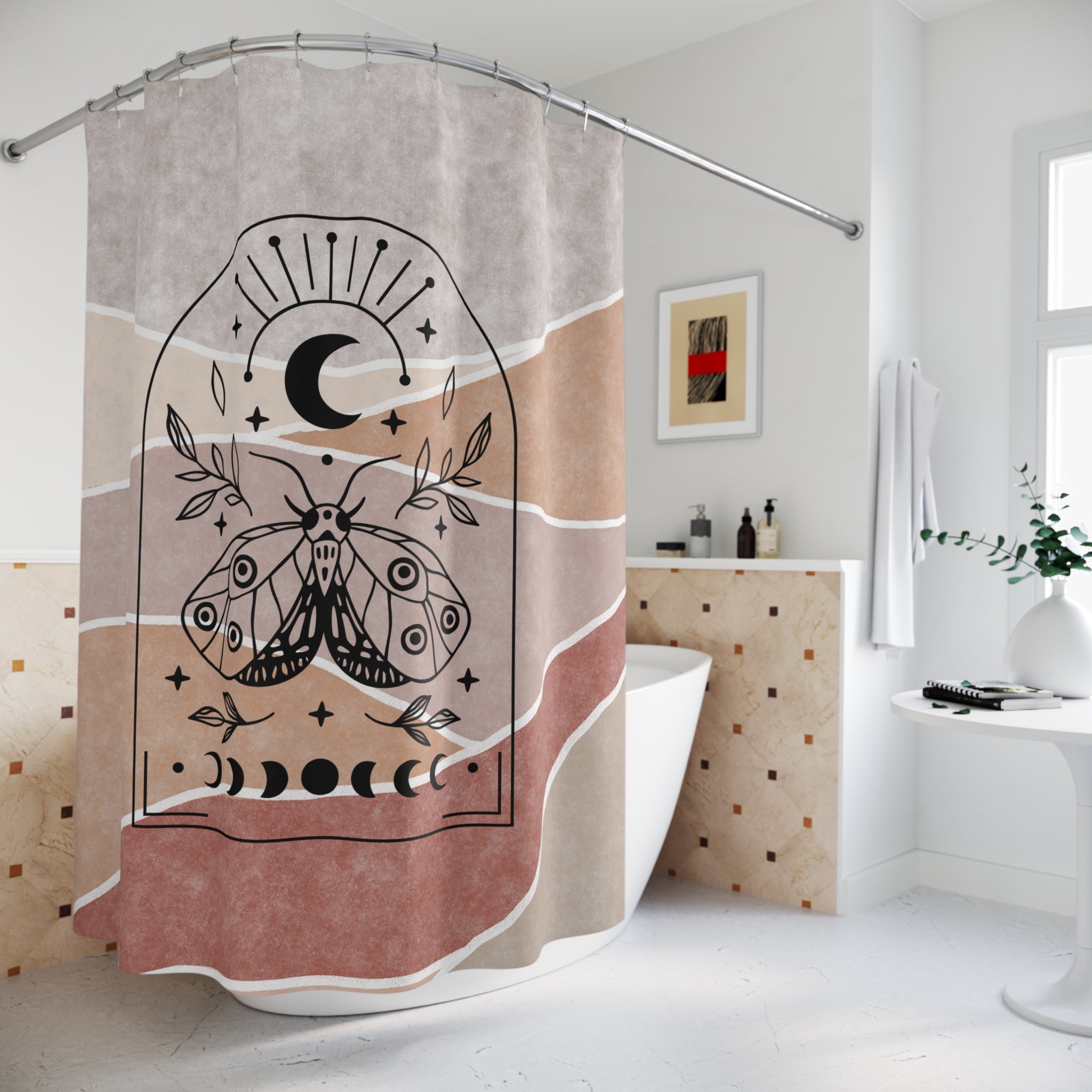 Boho Moon Moth Shower Curtain — Rustic Earth Tone Crescent Moon Bath Decor