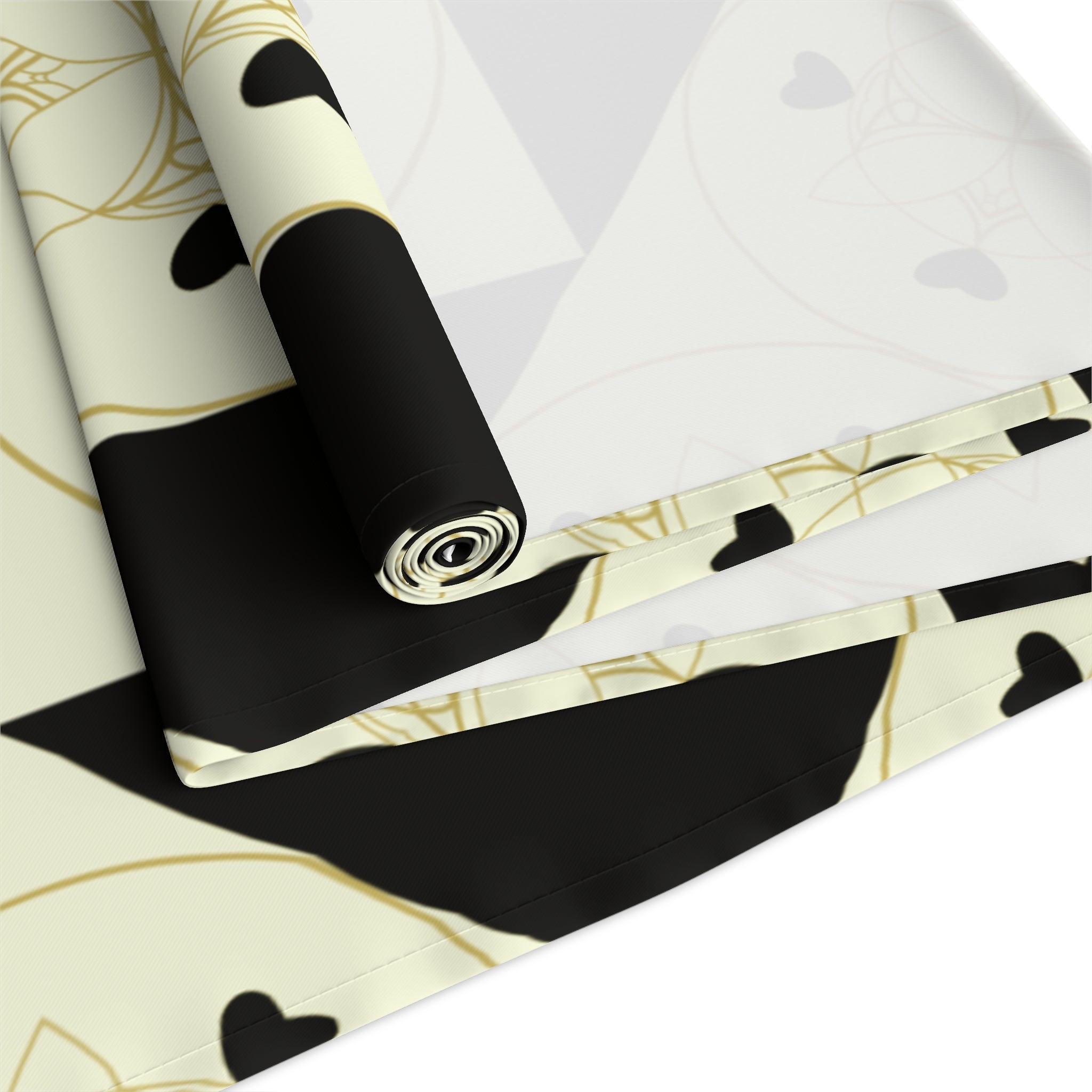 Geometric Heart Quilt Table Runner — Black & Cream Modern Farmhouse Decor