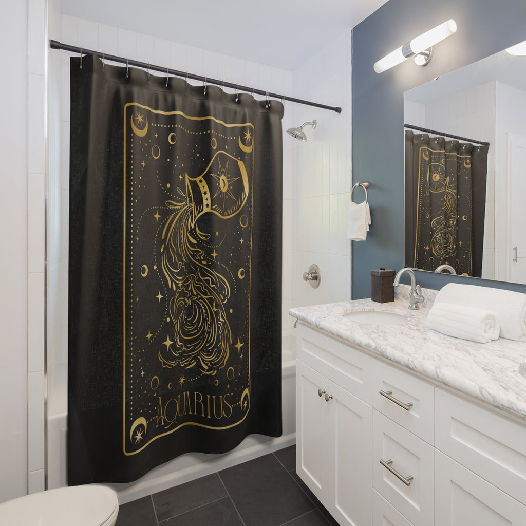 Aquarius Zodiac Shower Curtain — Gold Celestial Horoscope Bathroom Decor